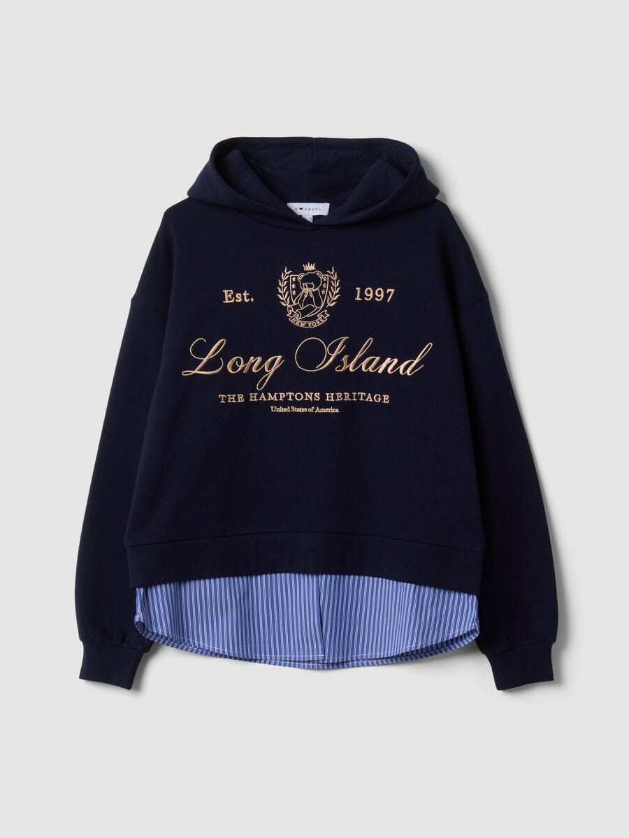 Blue cotton-blend hoodie with layered shirt-effect hem_0