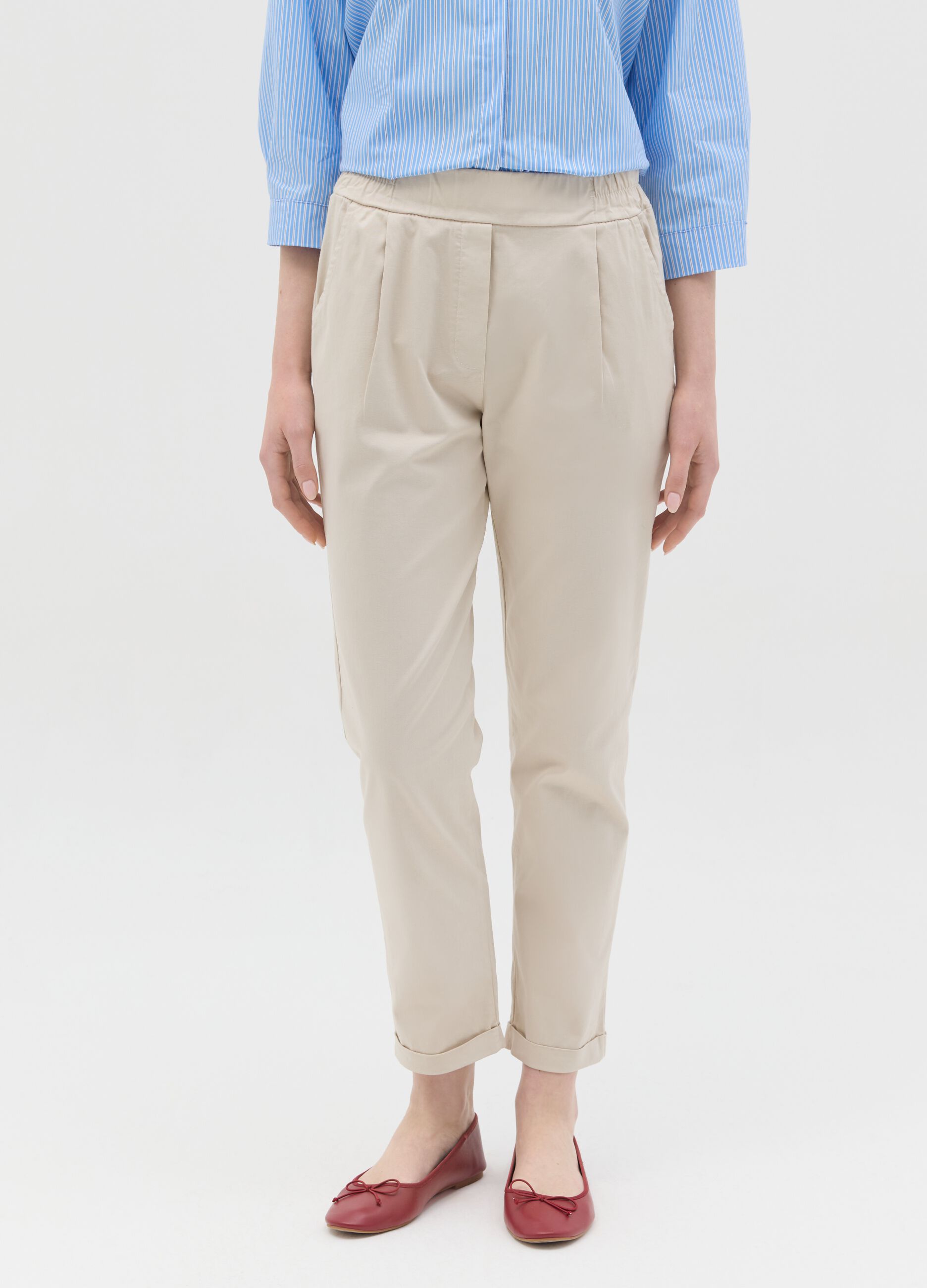 Beige cropped trousers in stretch cotton