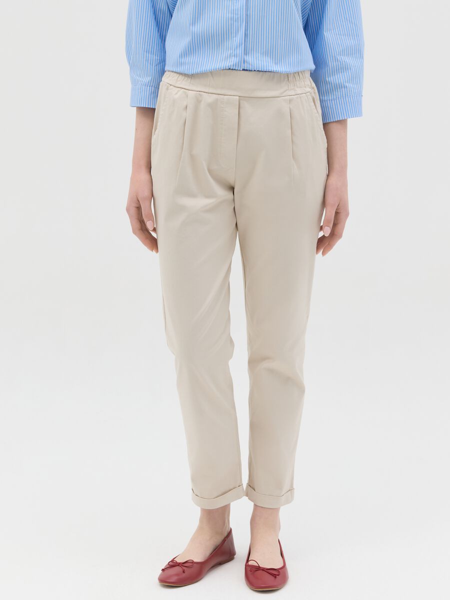 Beige cropped trousers in stretch cotton_1