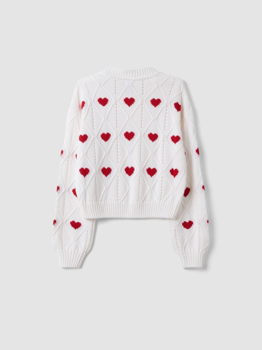 Maglia bianca in misto cotone con motivo traforato e cuori per ragazza_1