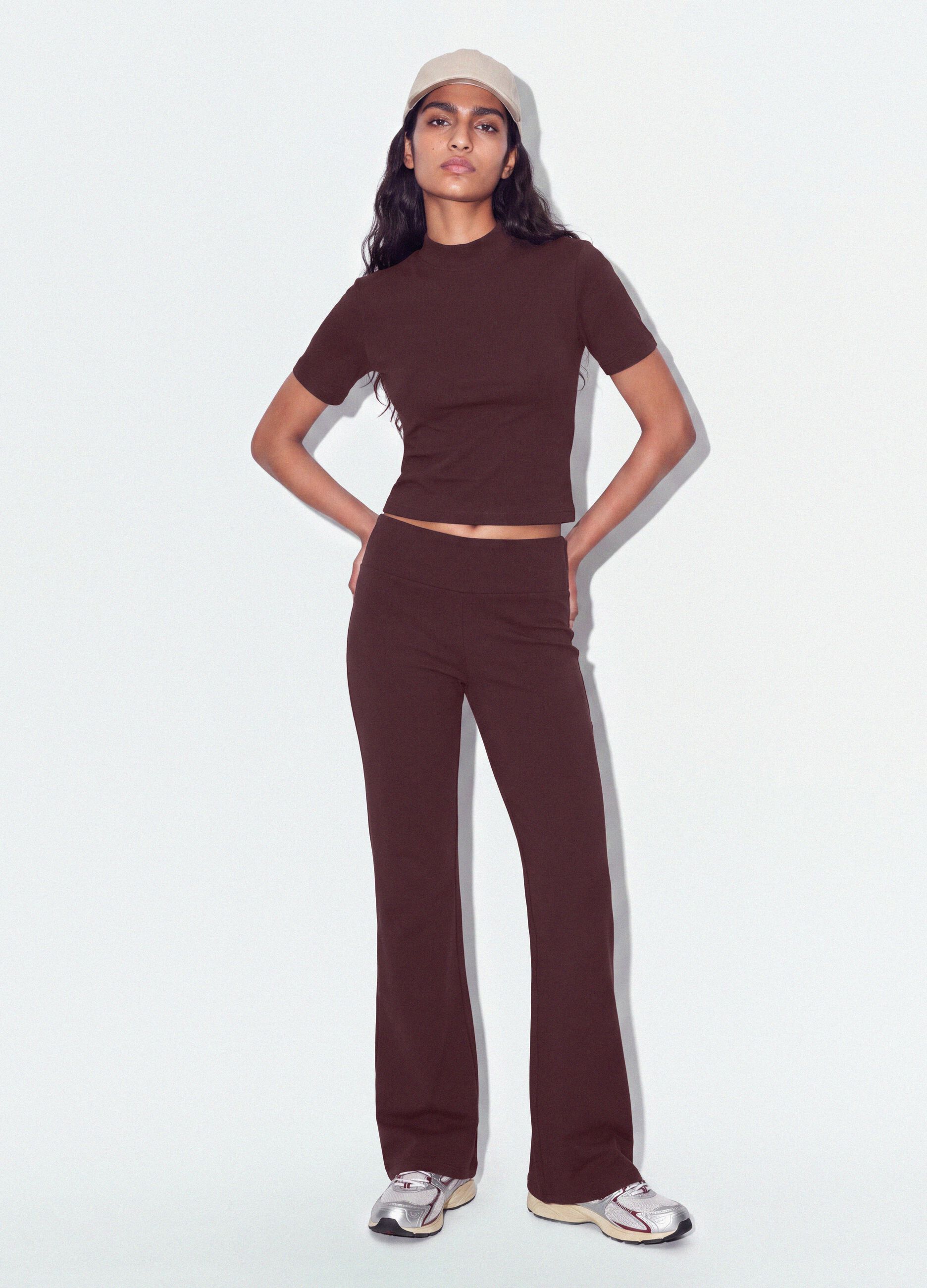 Brown fitted stretch-cotton T-shirt with raised neckline