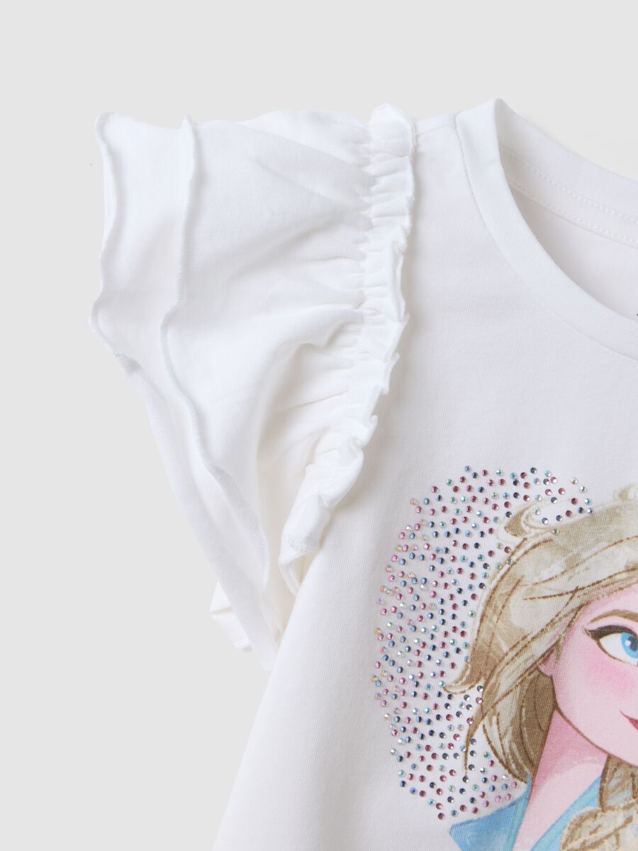 Girls' white stretch cotton T-shirt with frills and print_3