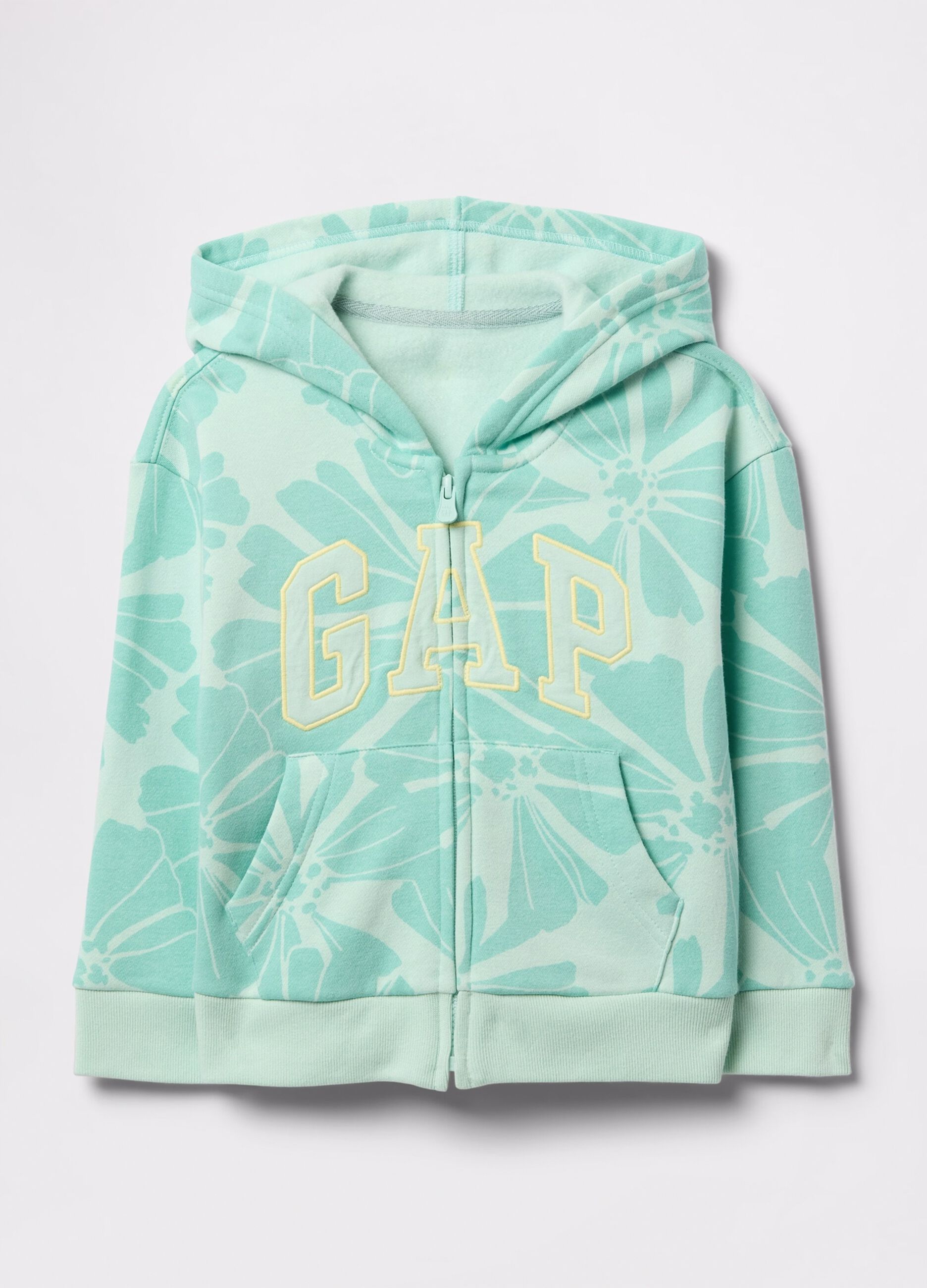 Light blue full-zip sweatshirt with hood, flowers print and logo embroidery