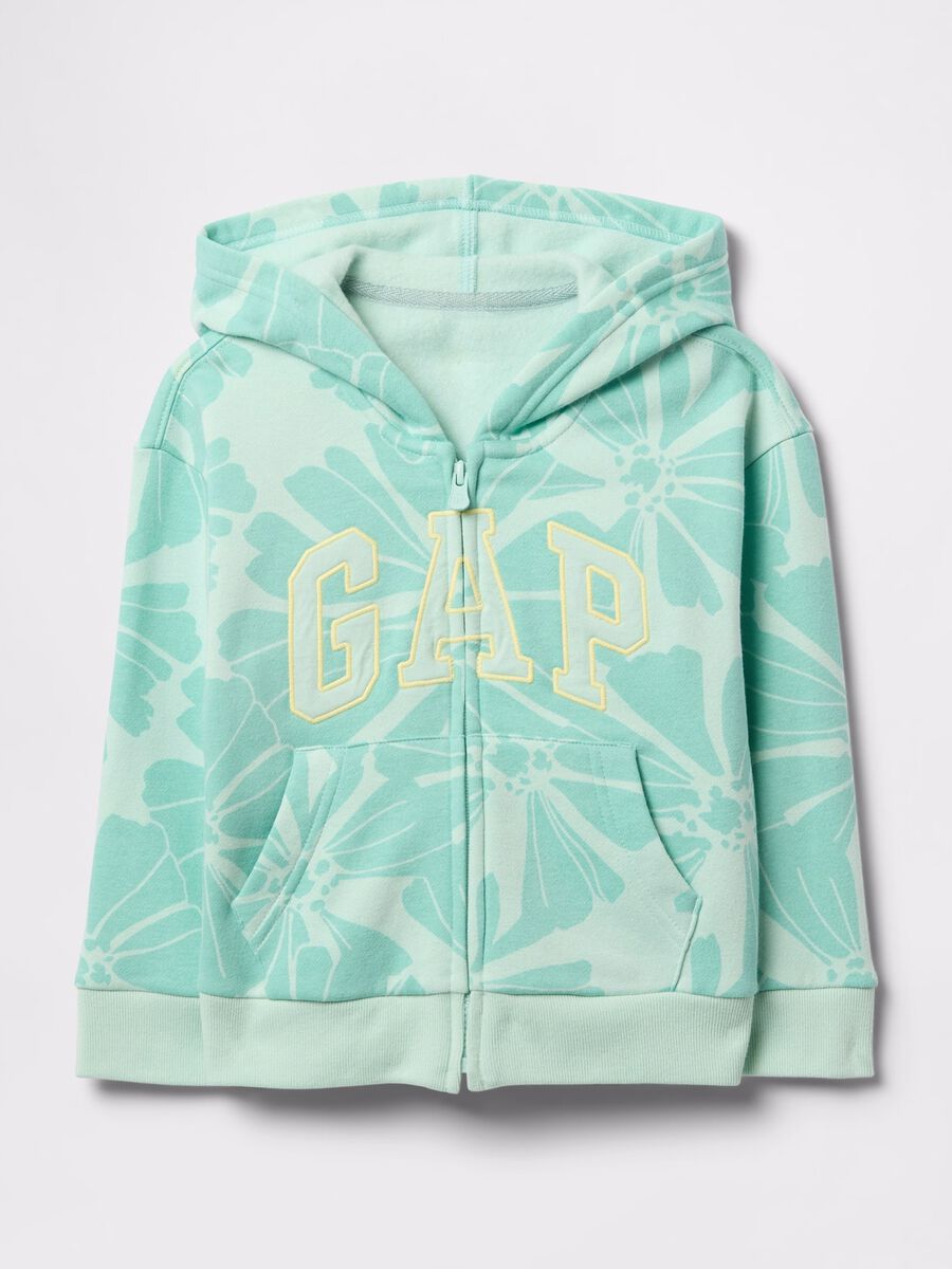 Light blue full-zip sweatshirt with hood, flowers print and logo embroidery_0