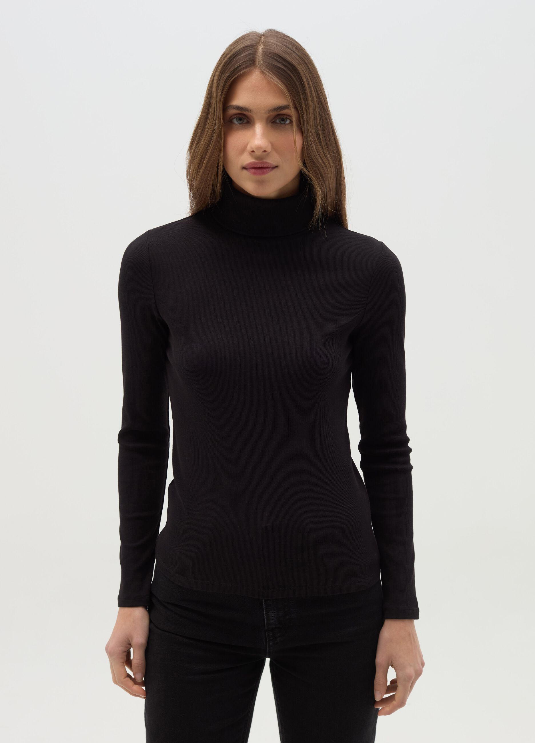 Stretch cotton and modal turtleneck jumper with ribbing
