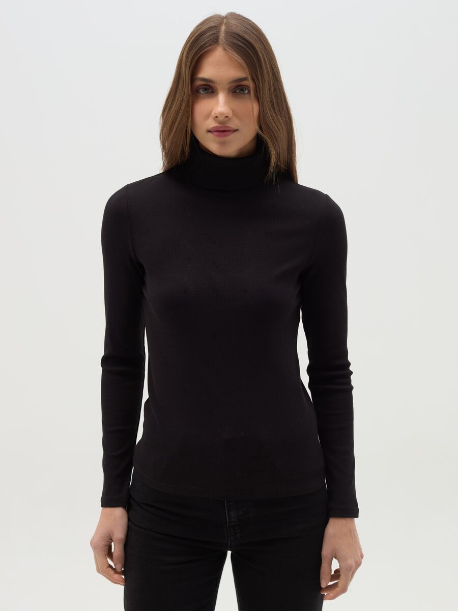 Stretch cotton and modal turtleneck jumper with ribbing_0