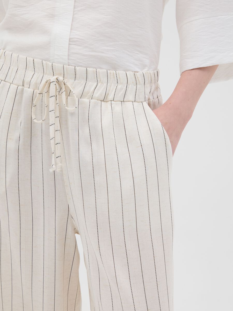 Women's beige regular fit palazzo trousers in lyocell-linen blend_3
