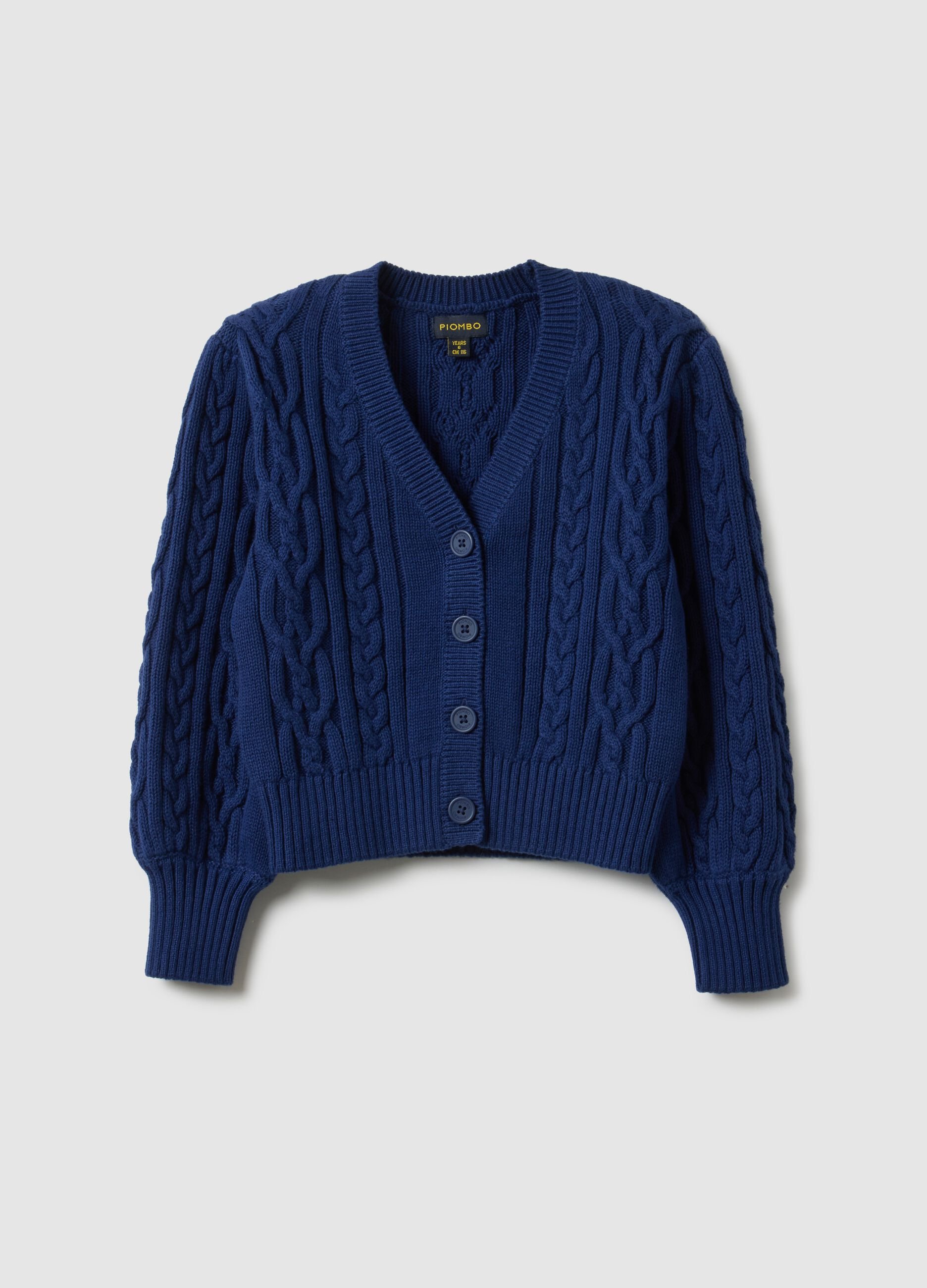 Girls' regular fit deep V blue pure cotton braided cardigan