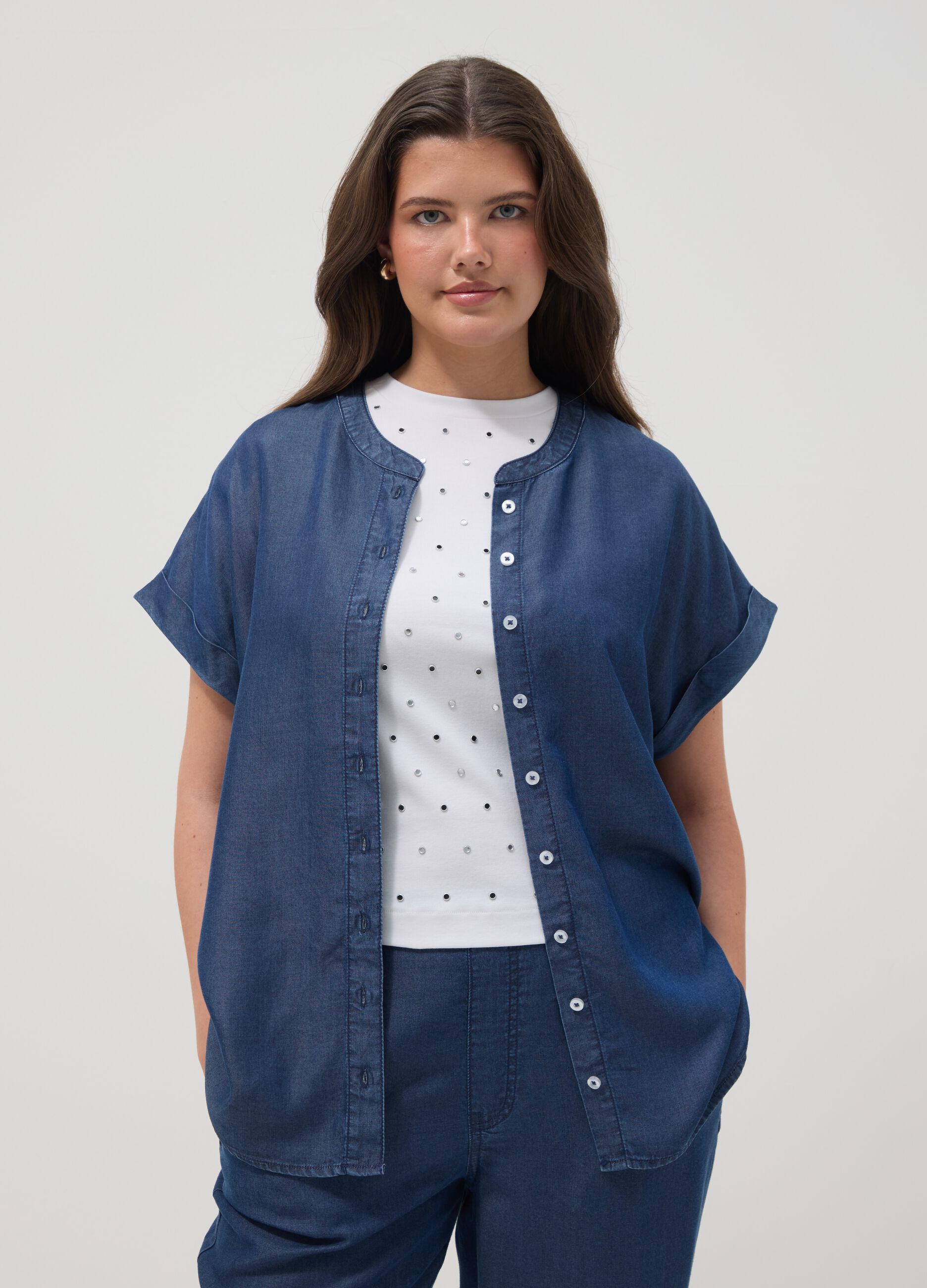 Blue pure lyocell regular fit shirt with mandarin collar
