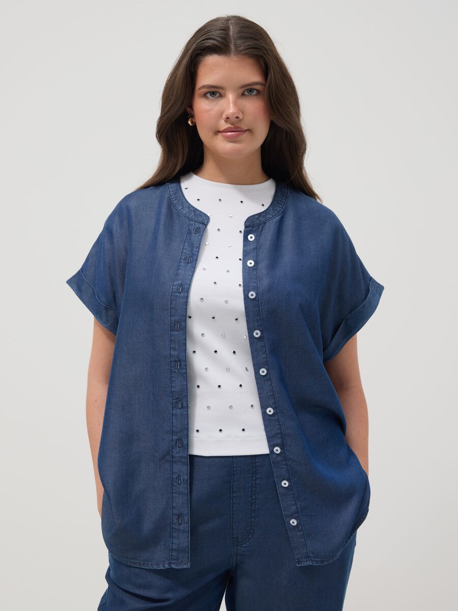 Camicia in puro lyocell blu regular fit con collo alla coreana_1