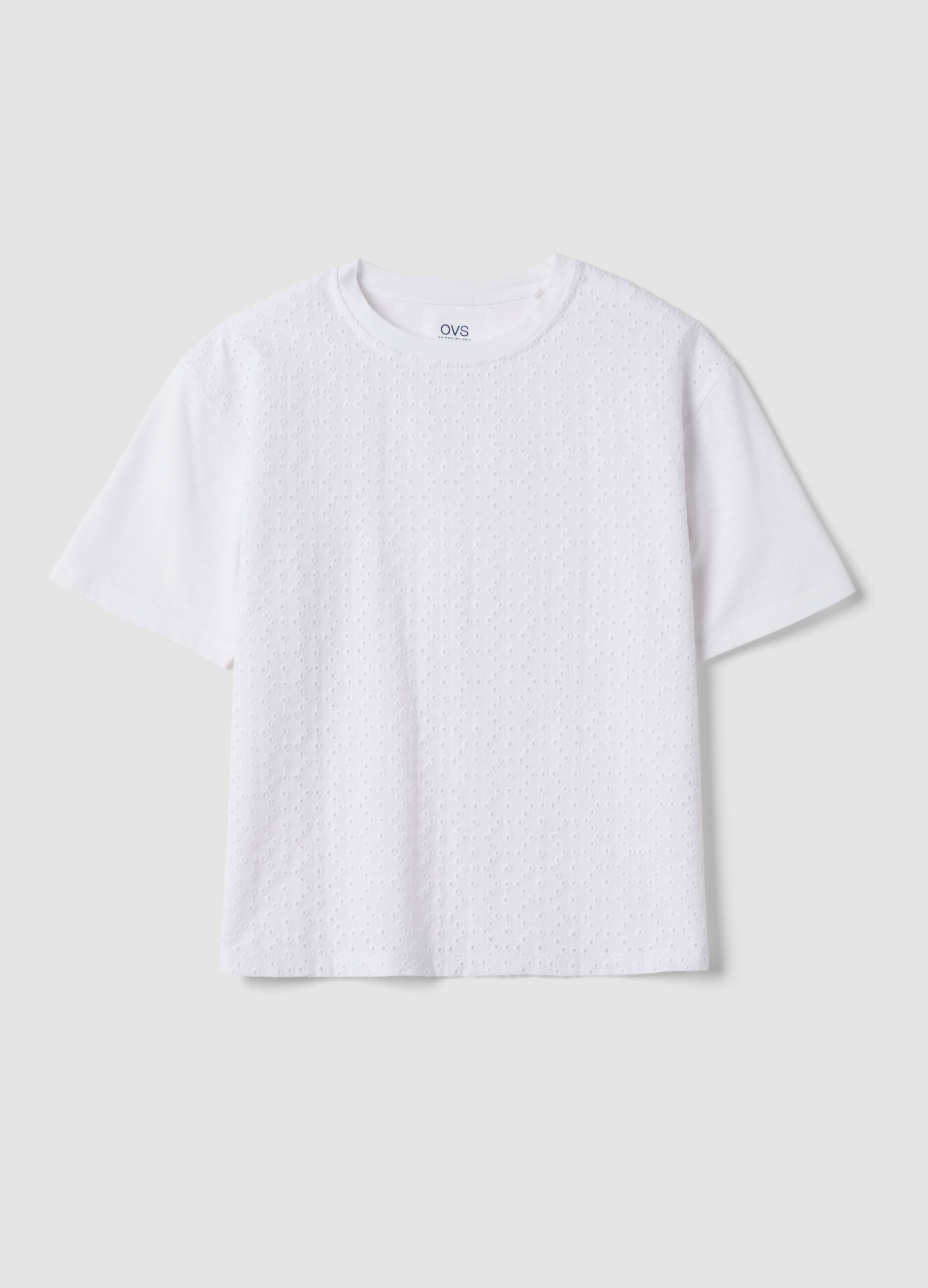 White short-sleeved pure cotton T-shirt with broderie anglaise embroidery