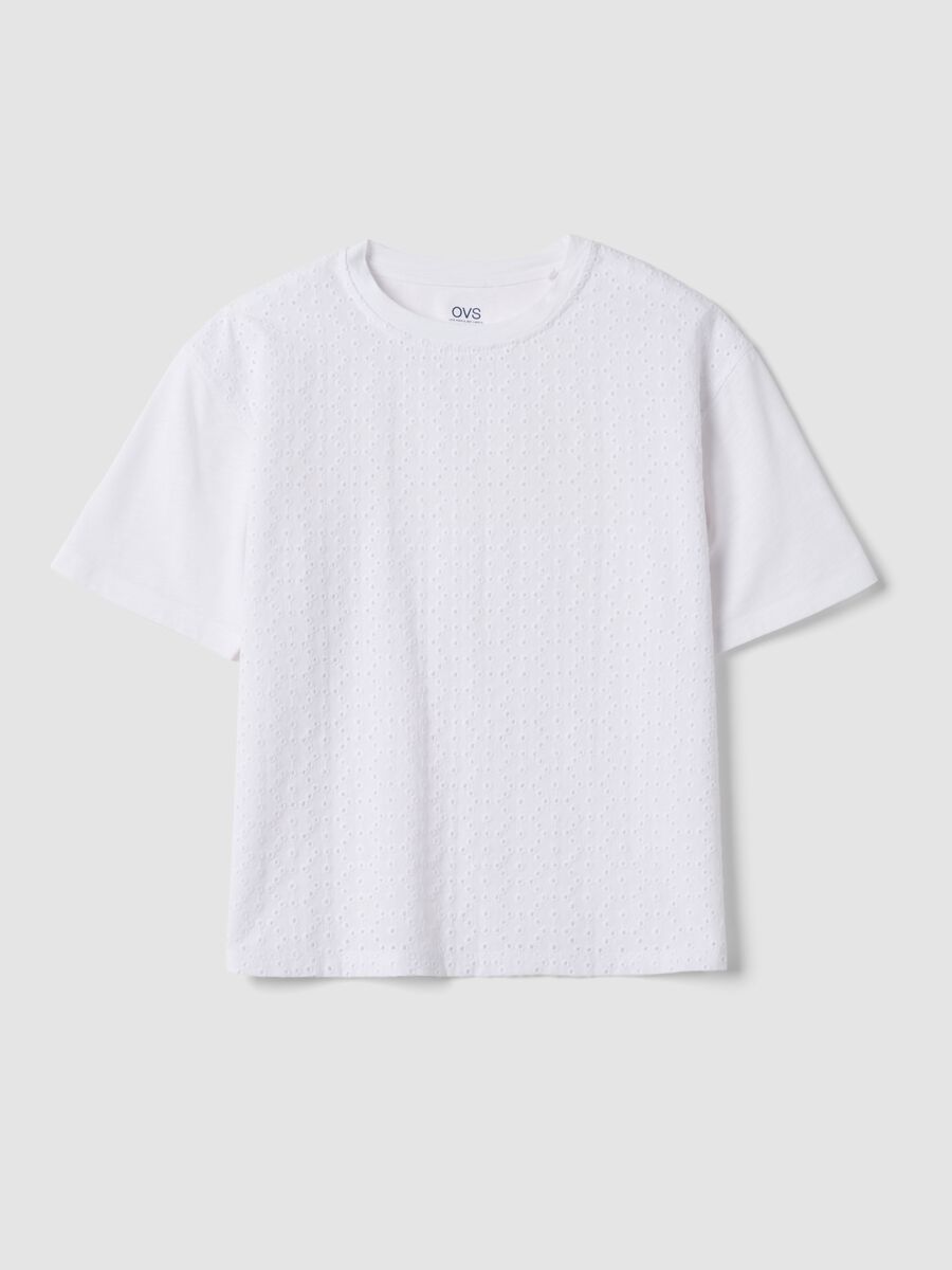 White short-sleeved pure cotton T-shirt with broderie anglaise embroidery_0