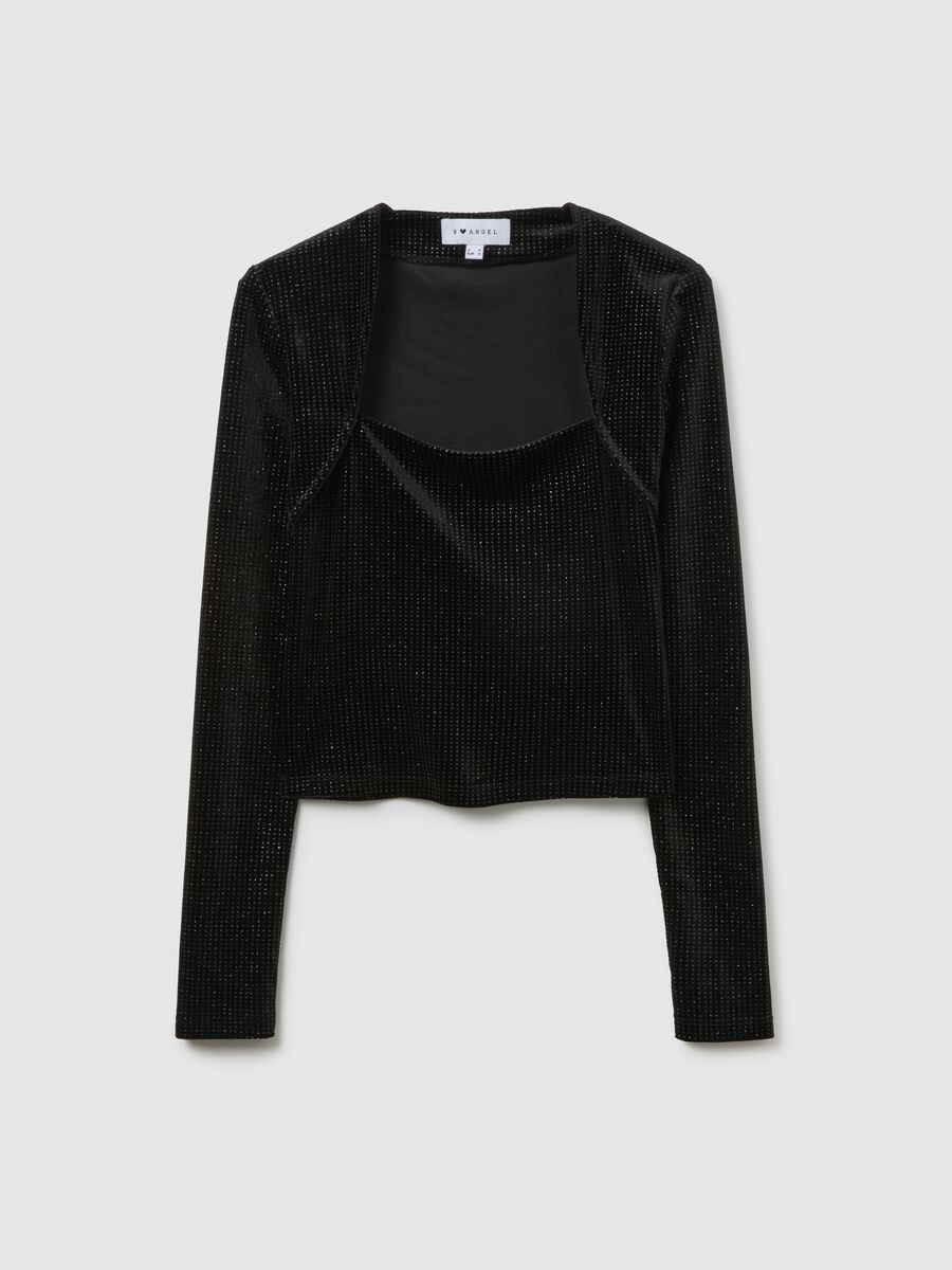 Black long-sleeve shirt regular fit with square neckline and rhinestones_4