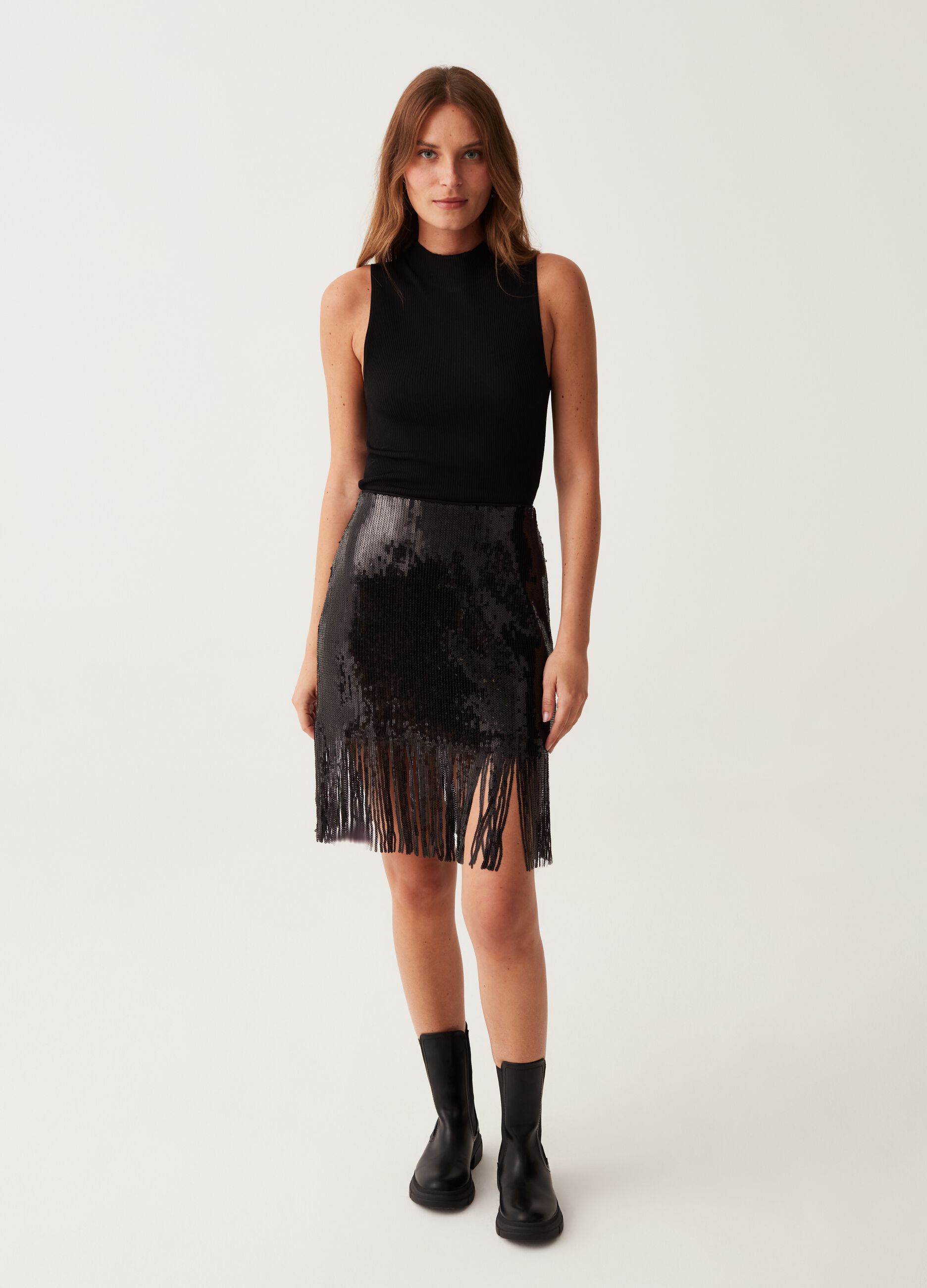Gonna corta a tubo in paillettes con frange Nero da Donna OVS