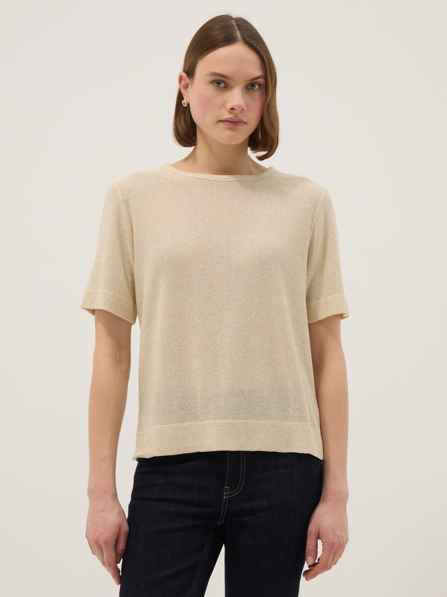 Beige viscose-blend short-sleeve T-shirt, regular fit_1