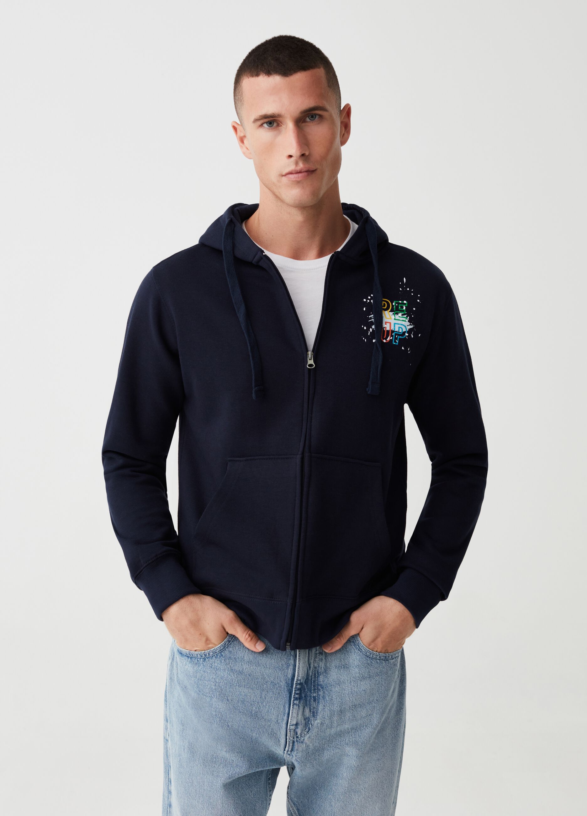 Full-zip sweatshirt in fleece with RE-UP print