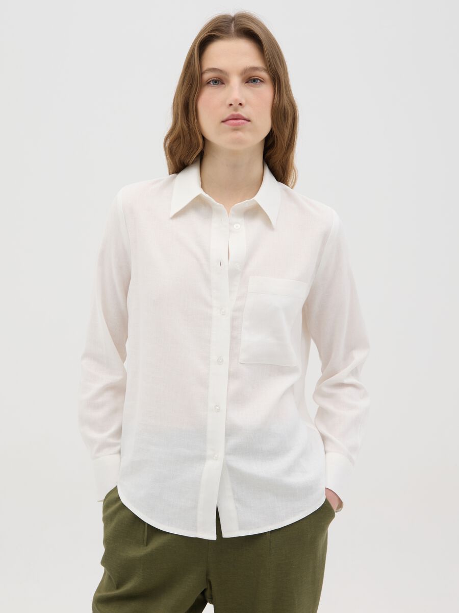 Women's white regular fit linen blend shirt_0