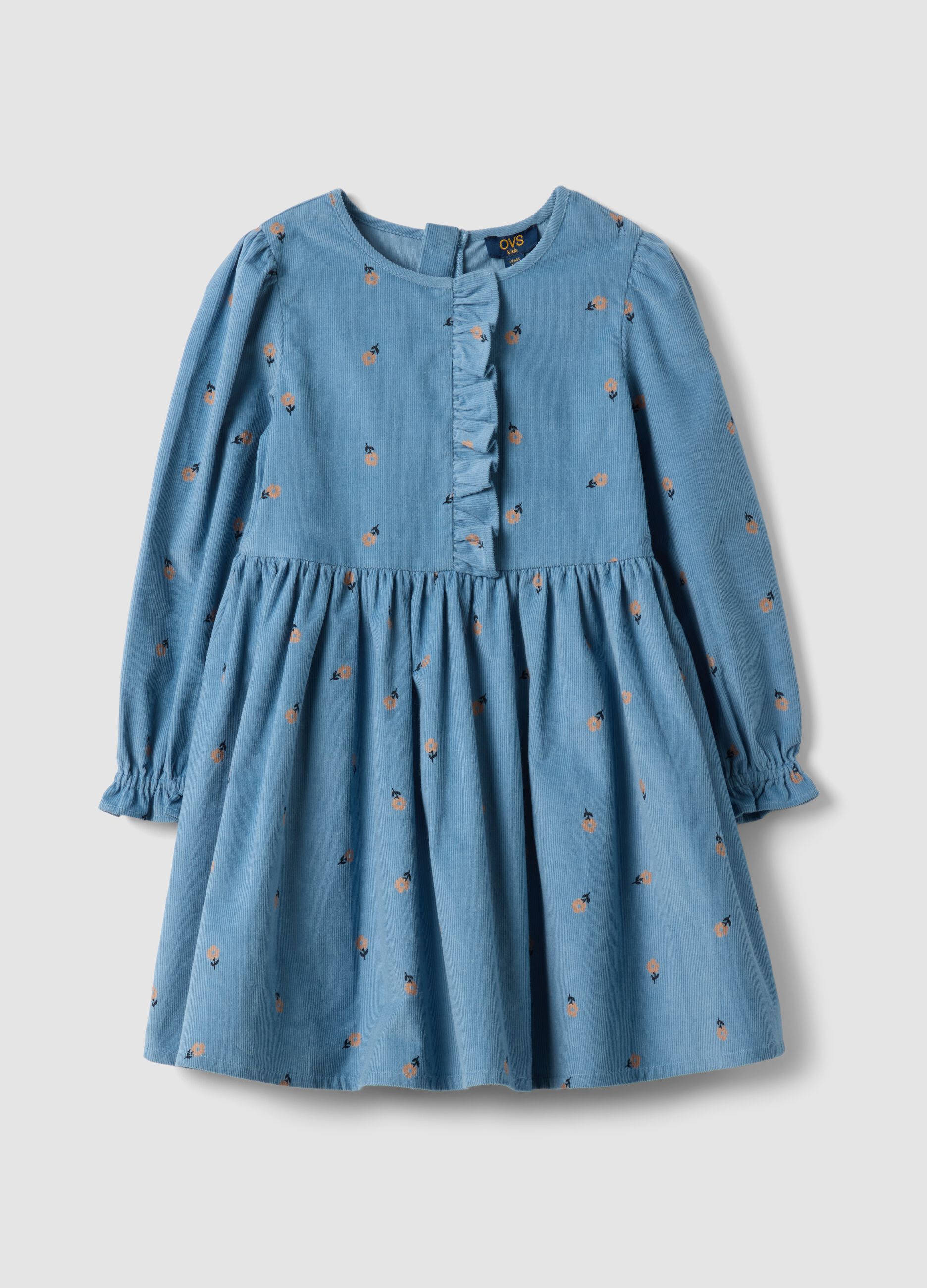 Blue pure cotton ribbed dress with floral print