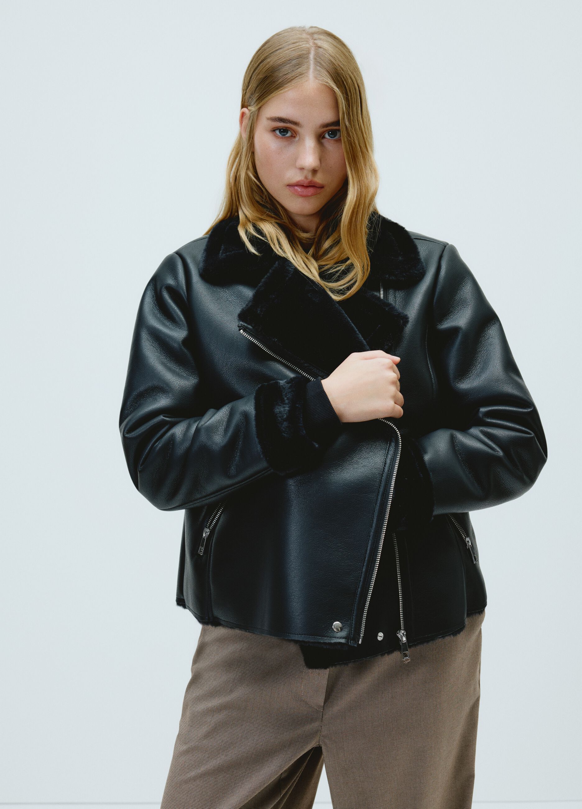 Black faux leather jacket with fur collar