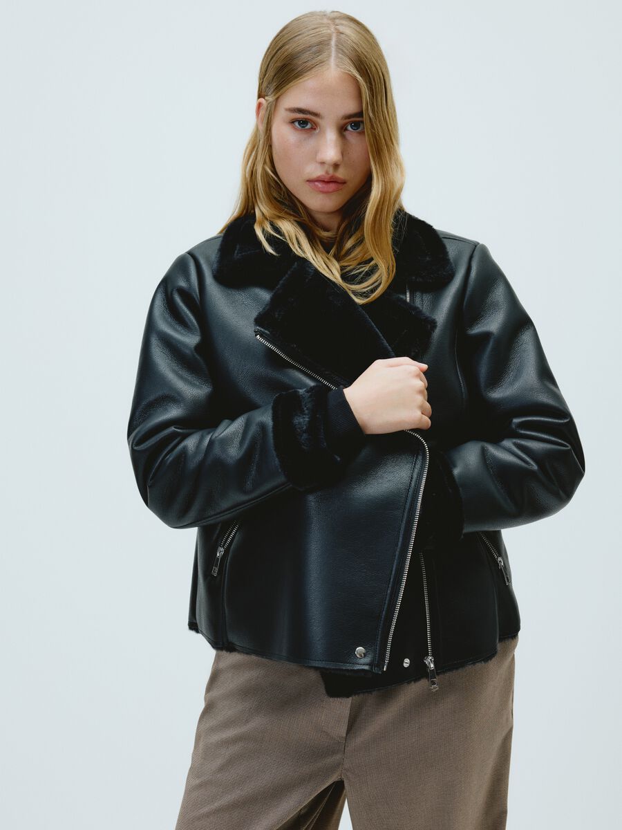 Giacca biker nera regular fit con zip_0