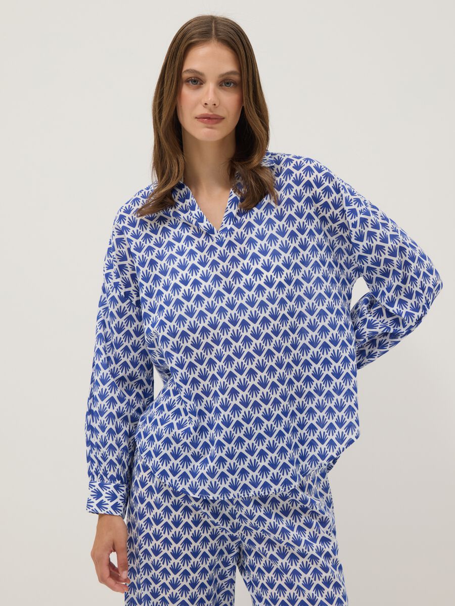 Camicia in puro cotone multicolor con fantasia e collo a V_1