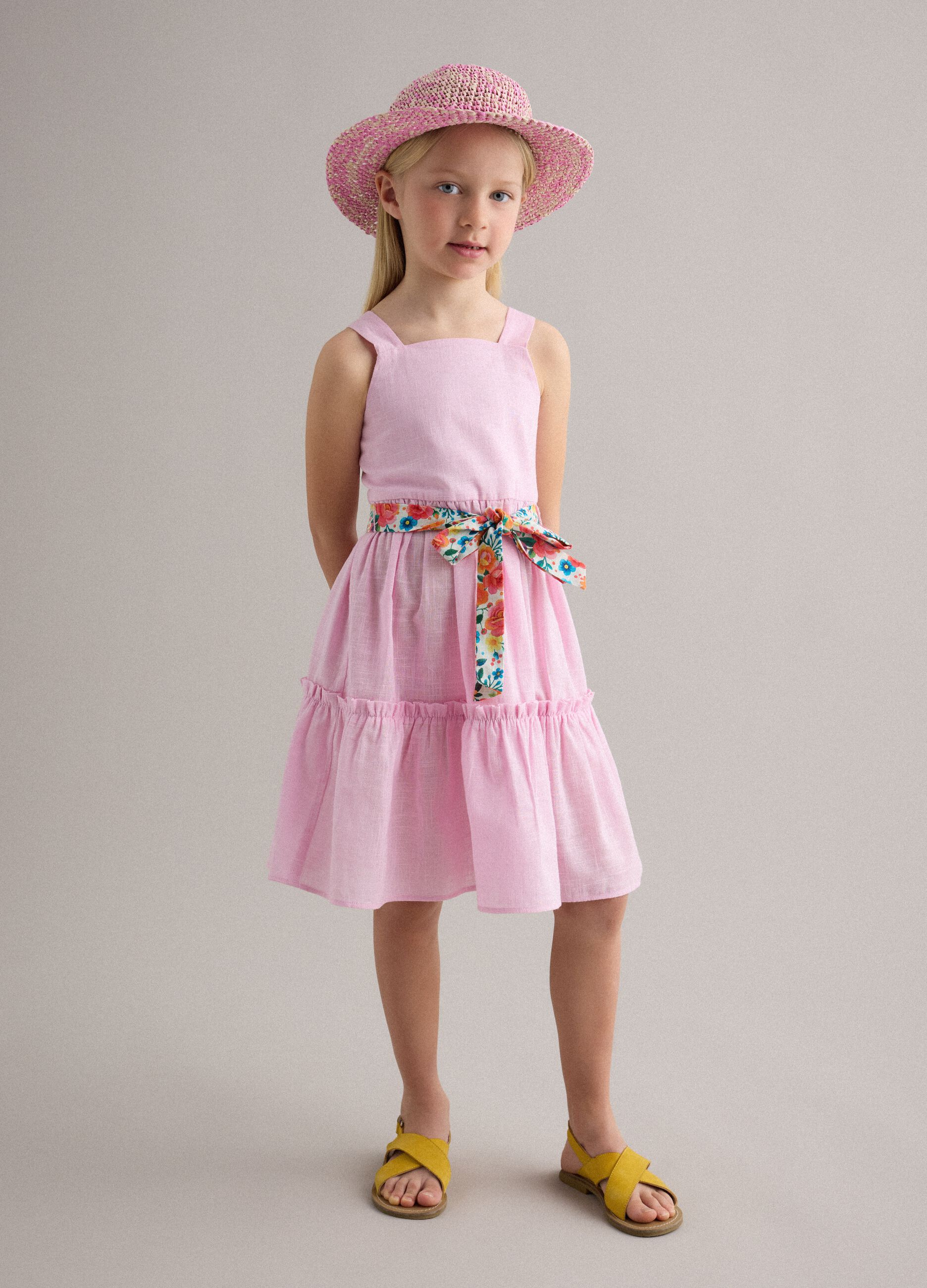Girls' regular fit pink pure cotton dress with floral belt