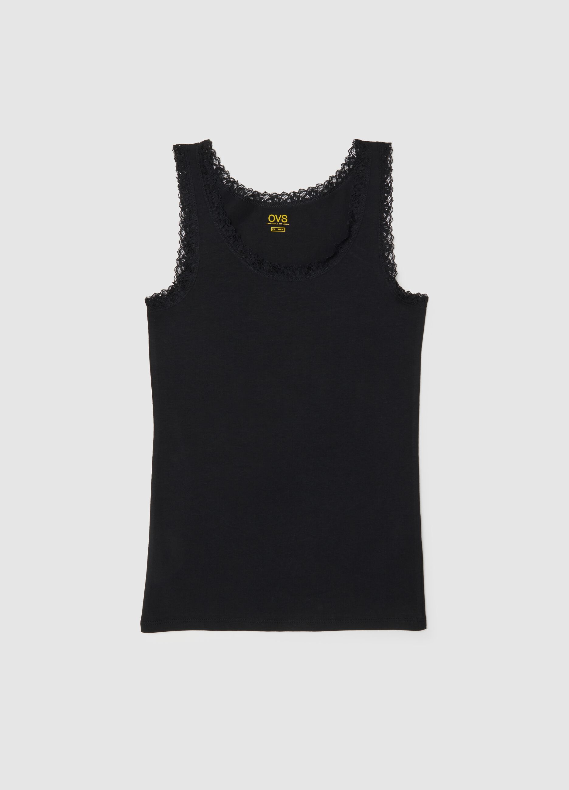 Regular fit black stretch cotton vest with lace trim