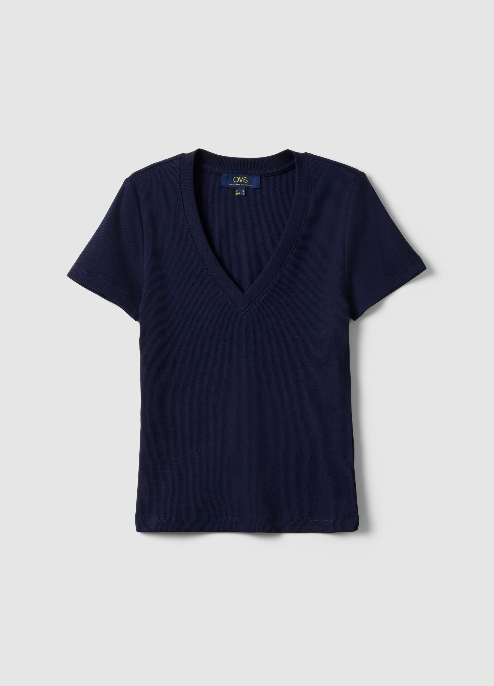 T-shirt in cotone elasticizzato blu regular fit deep V