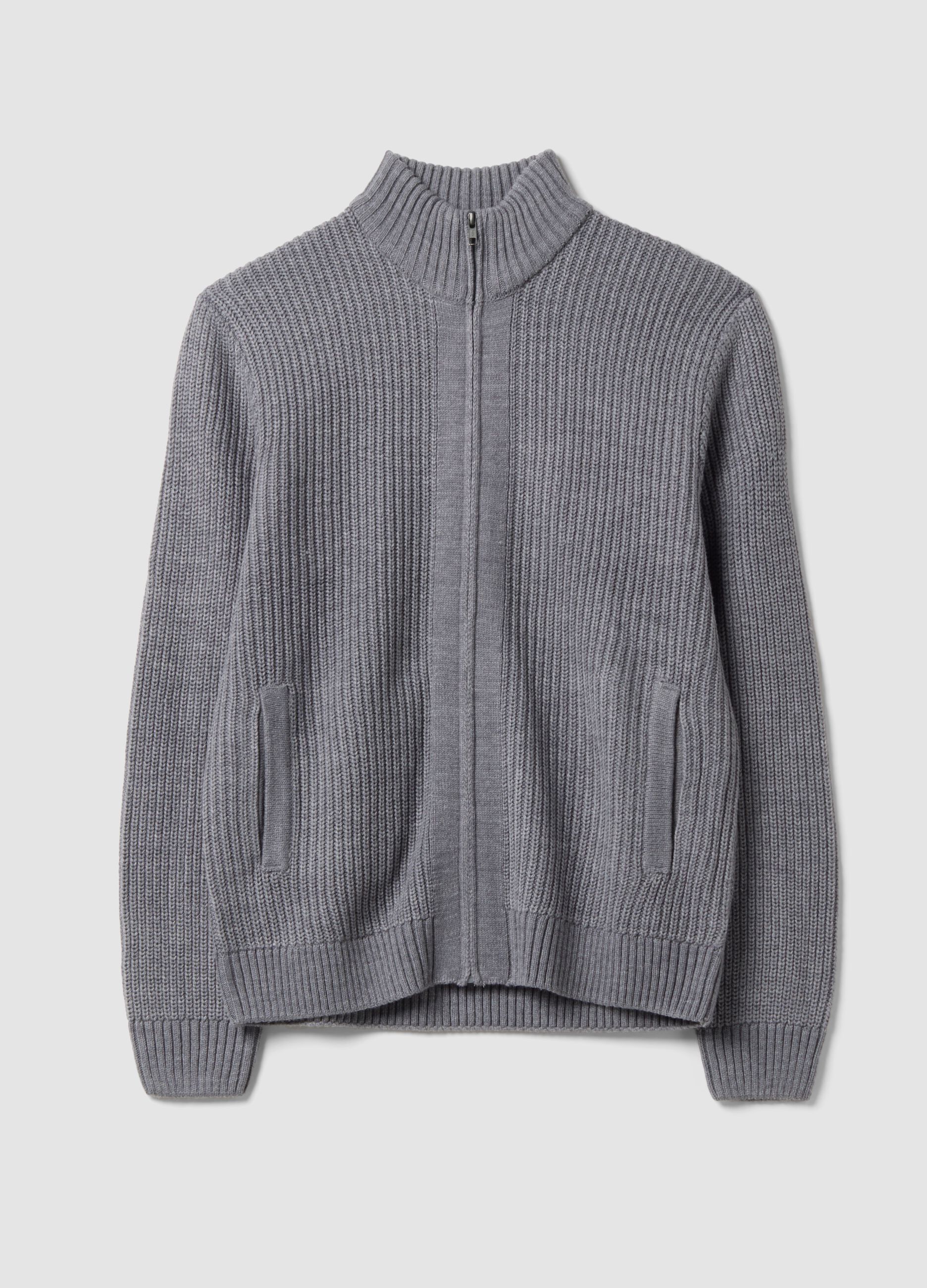 Cardigan grigio in maglia a coste con colletto e zip regular fit