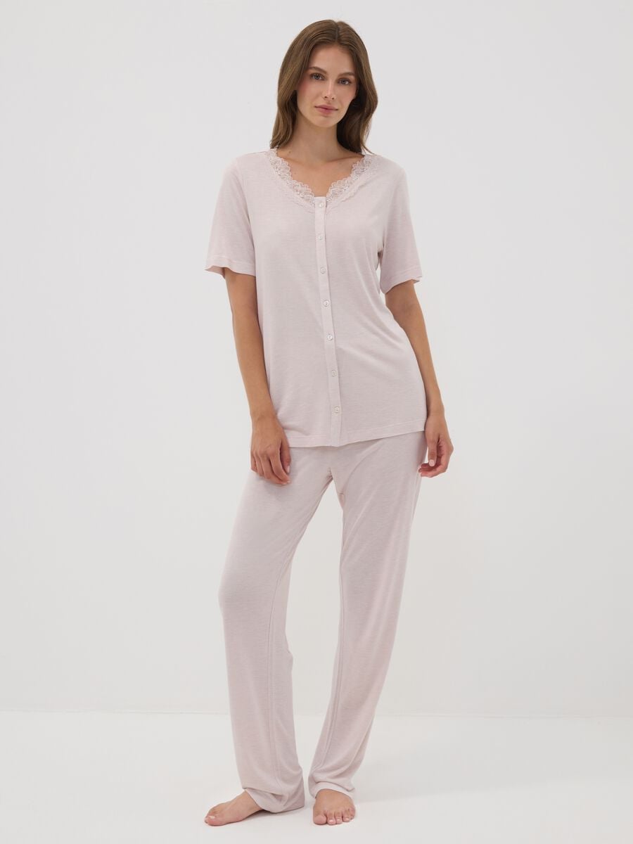 Pink pure viscose pyjama with lace V-neck, regular fit_0