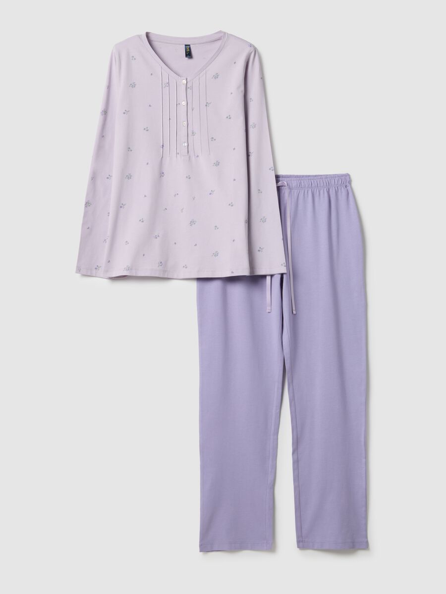 Purple pure cotton pyjamas with serafino collar and floral pattern_4