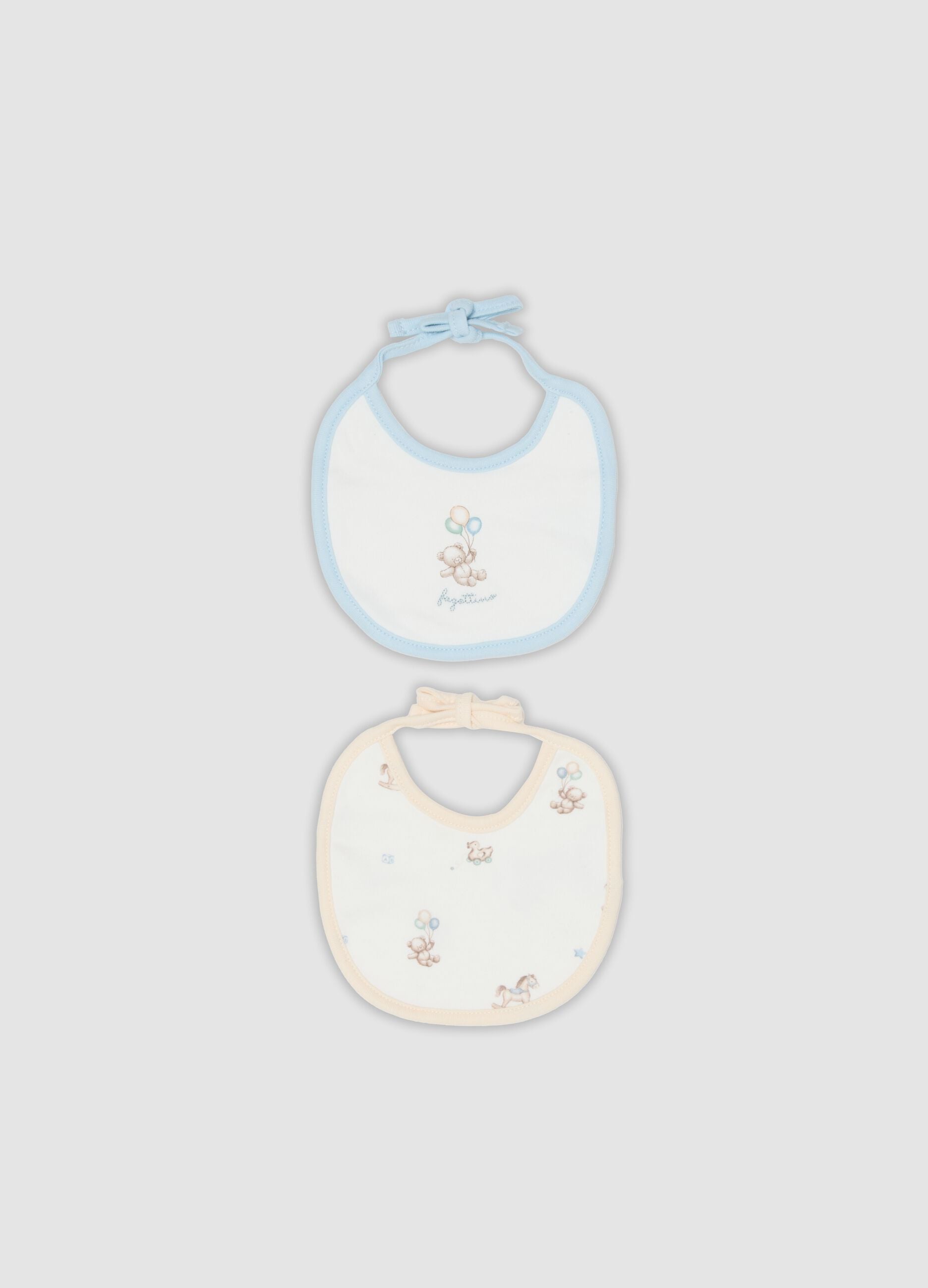 Two-pack of blue and yellow baby bibs in pure organic cotton with prints