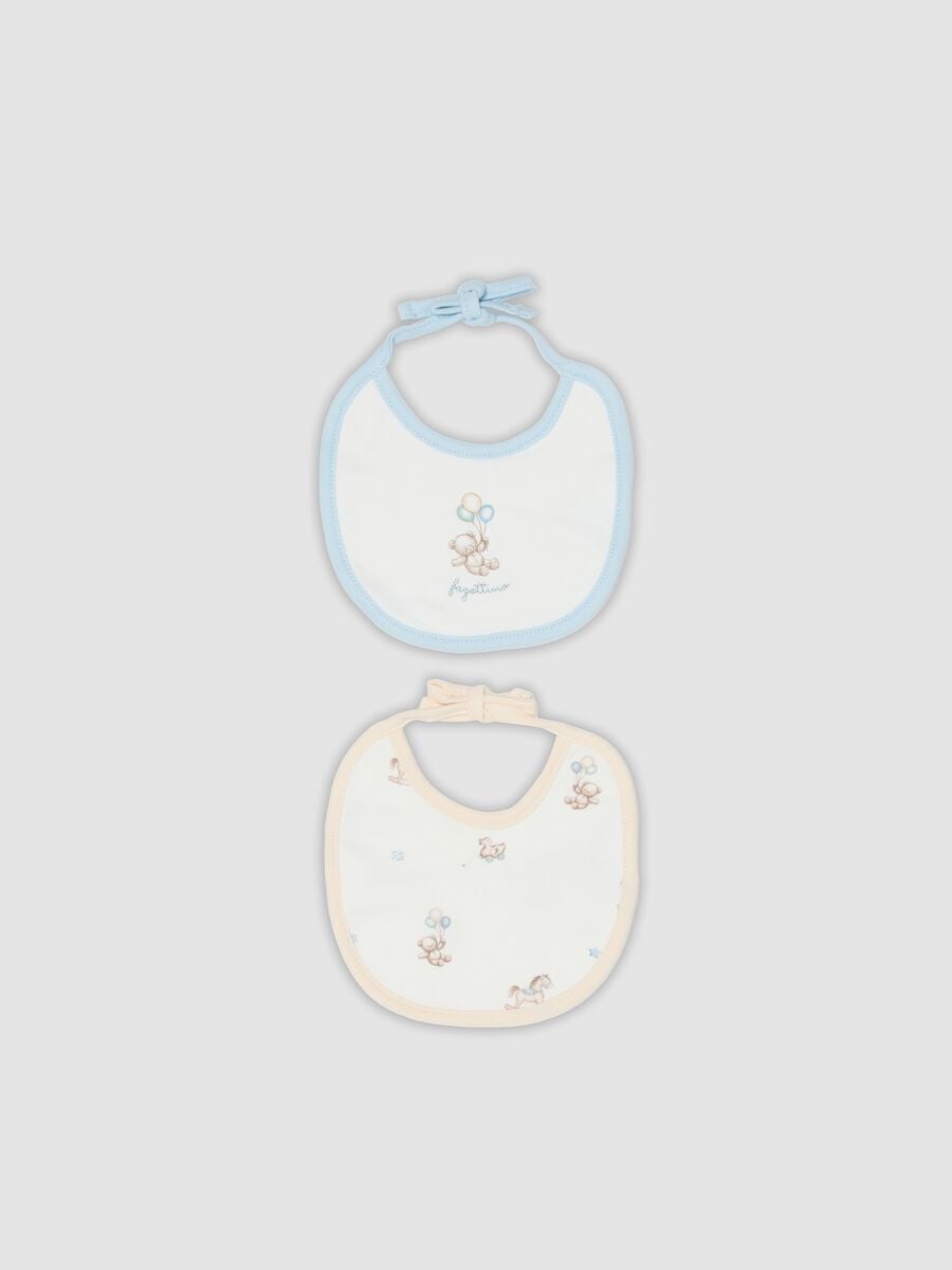 Bipack di bavaglini azzurri e gialli in puro cotone organico con stampe per neonato_0