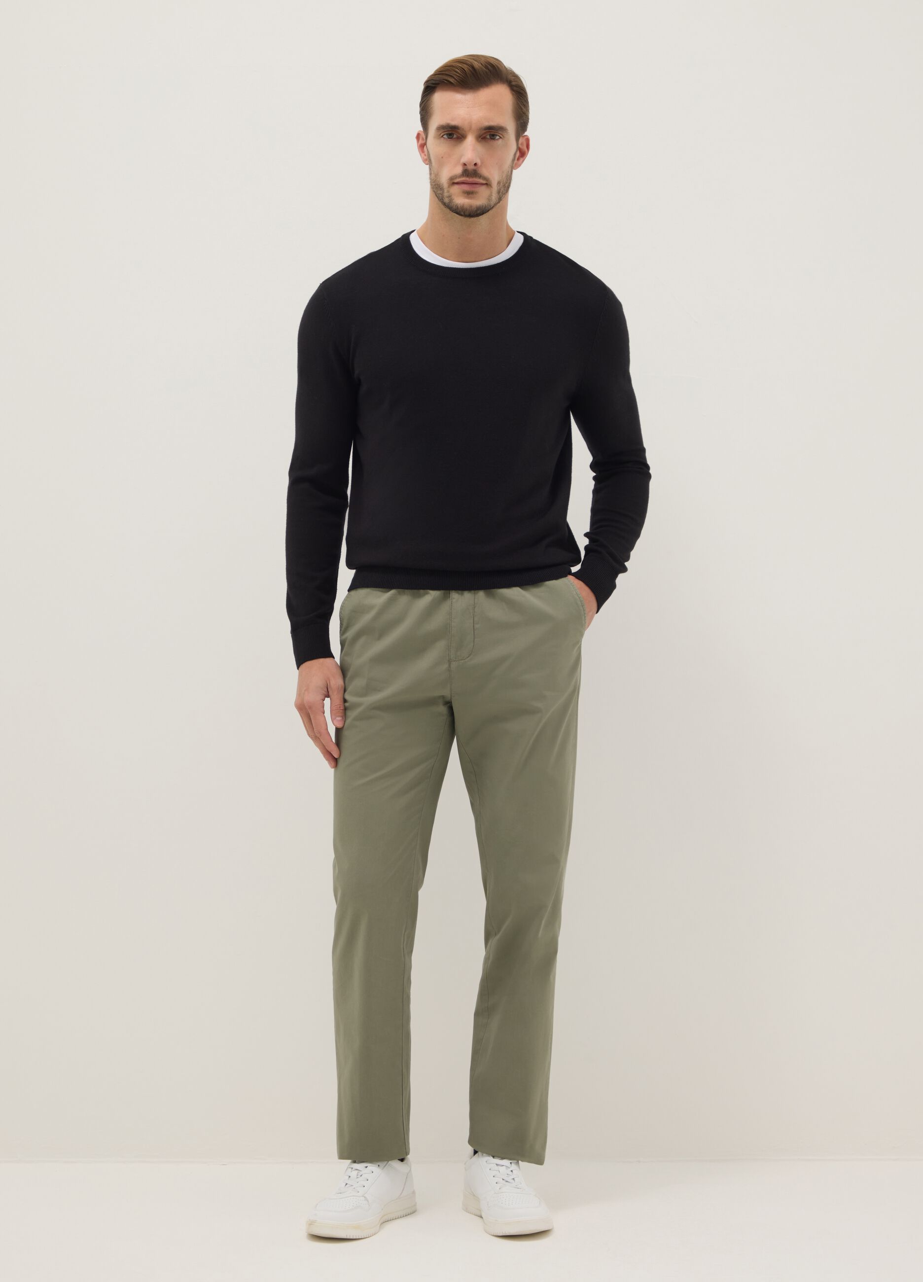 Green chino trousers in pure beige cotton regular fit