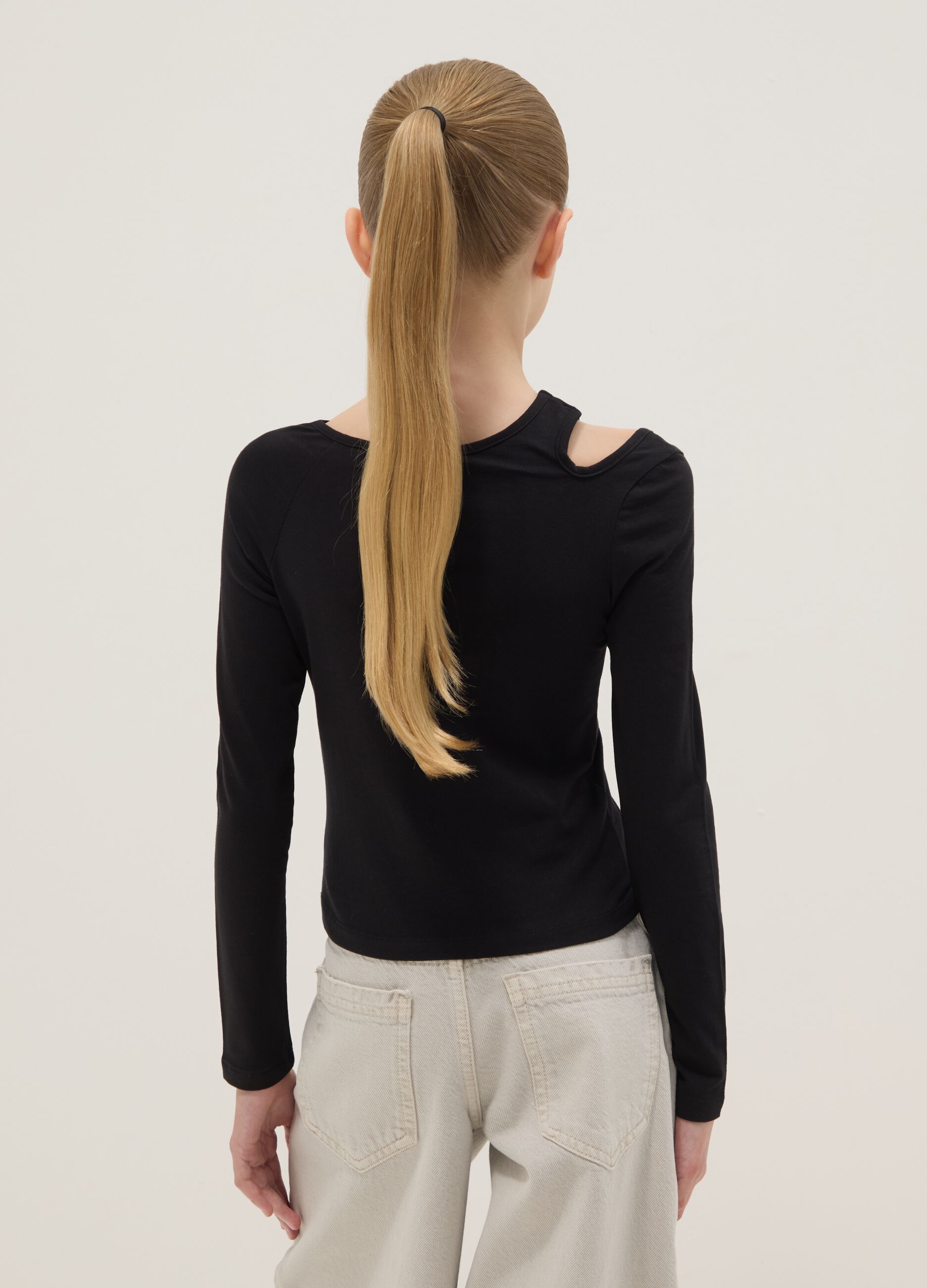 Black cotton blend slim fit girl's top with boat neckline
