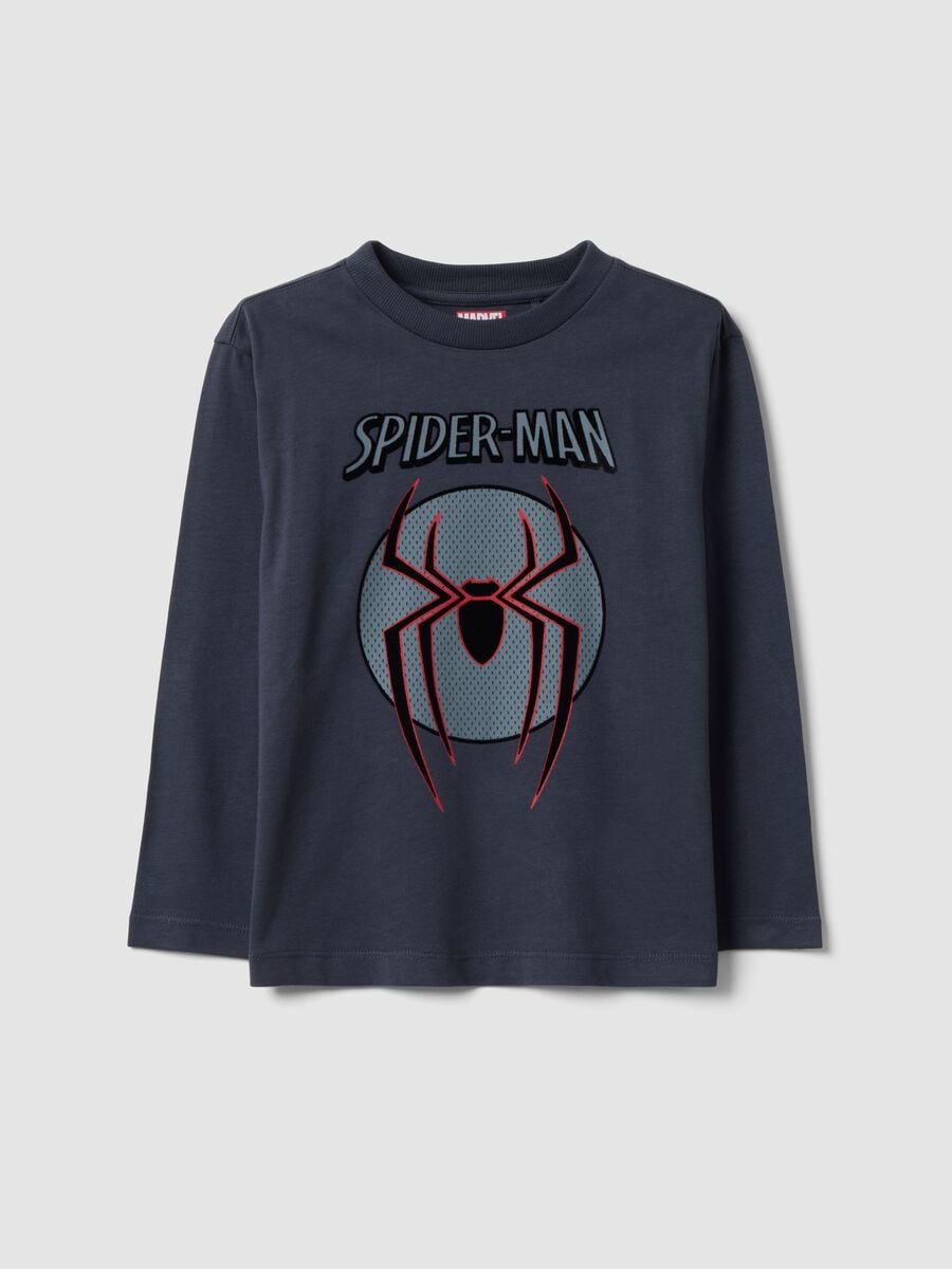 T-shirt grigia a maniche lunghe in puro cotone con stampa Spider-Man per bambino_0
