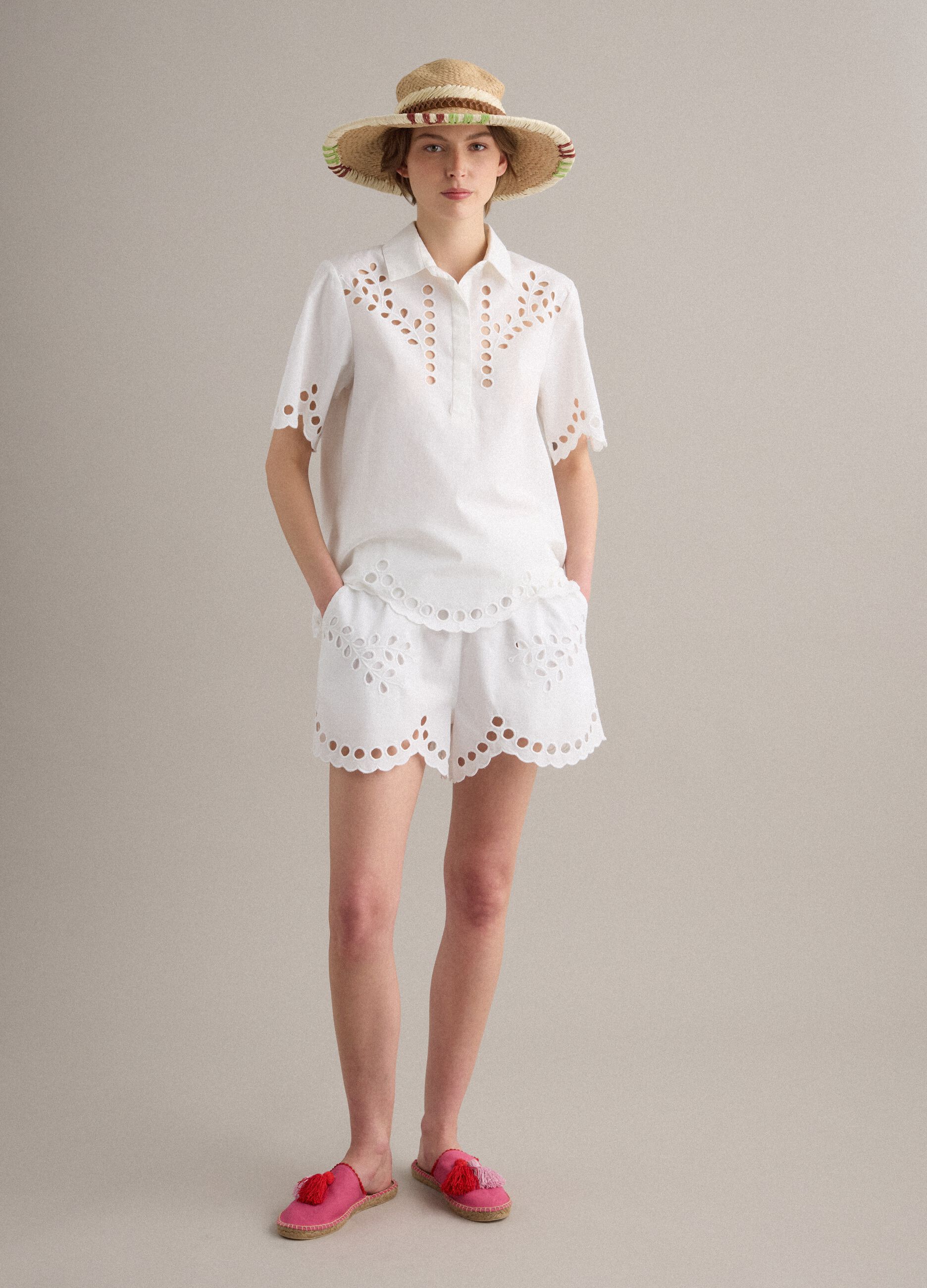 White pure cotton shirt with broderie anglaise detailing