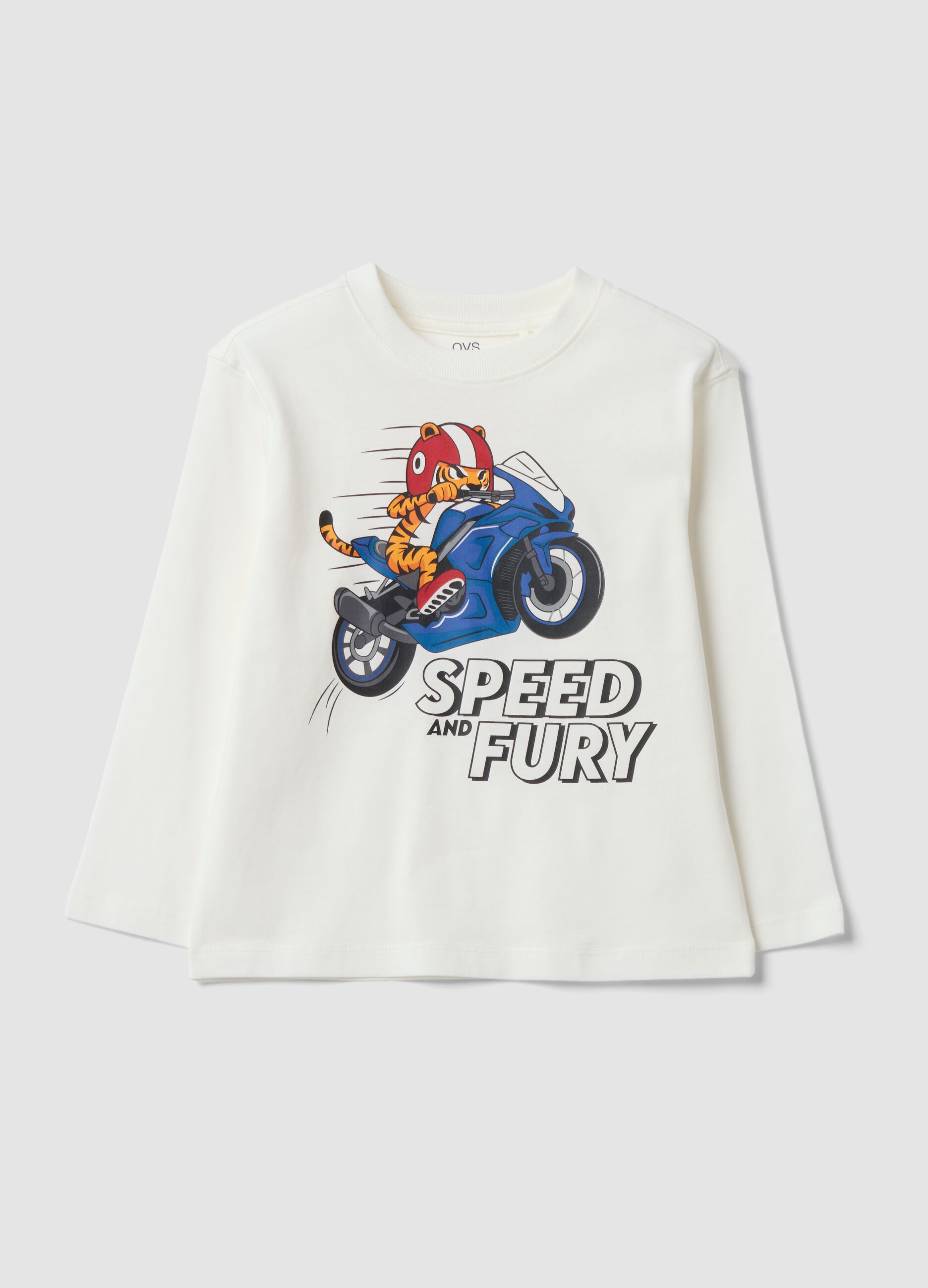 T-shirt bianca in puro cotone con stampa tigre over fit per bambino