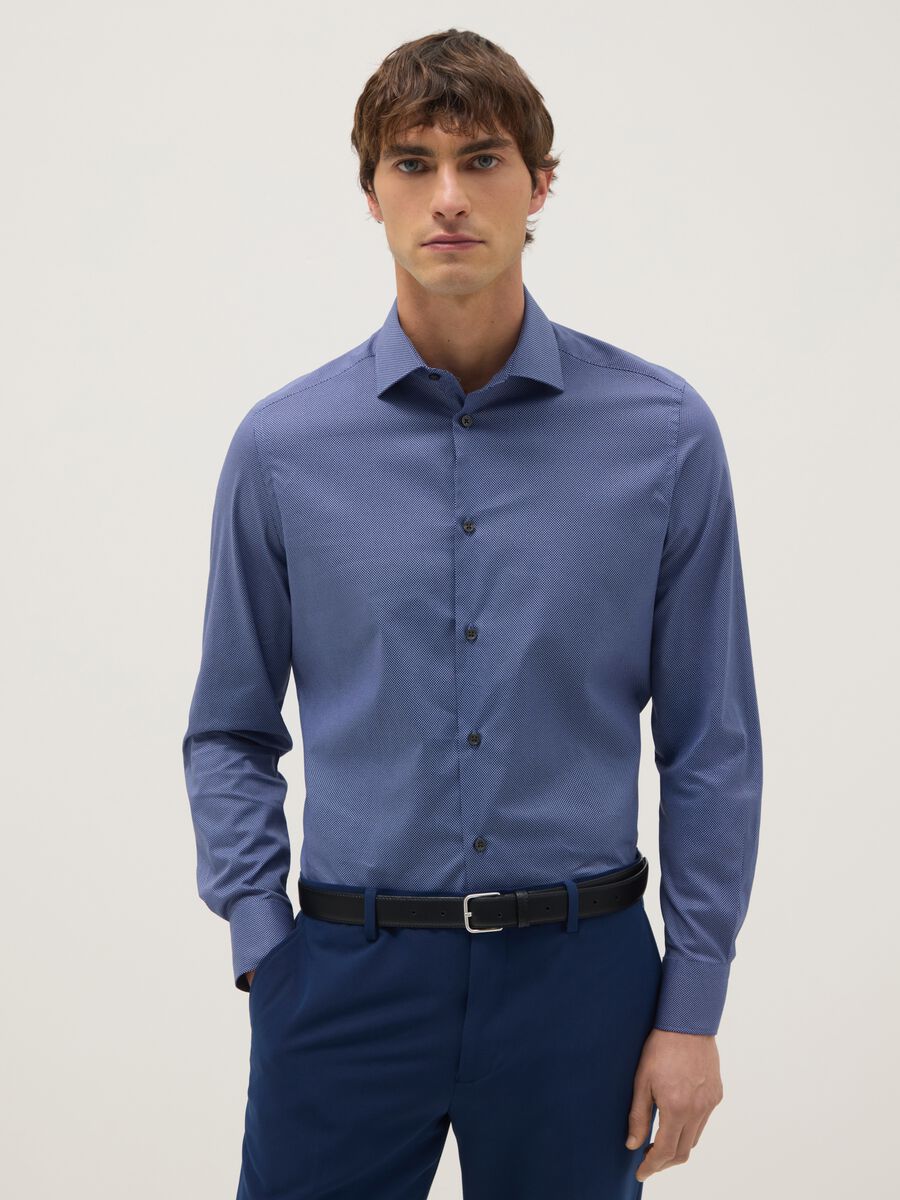Blue stretch cotton shirt with micro checks, slim fit_0