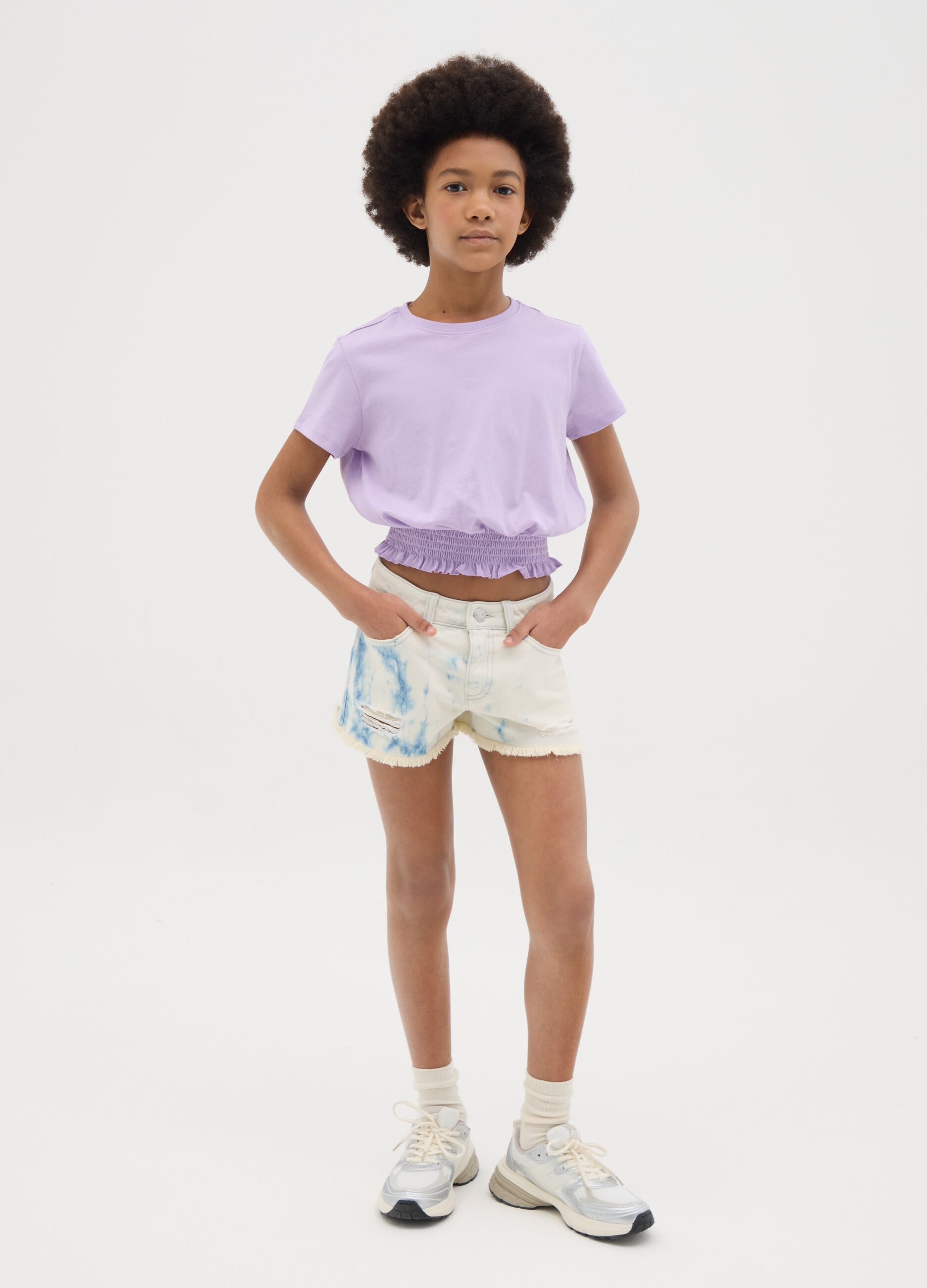 White Denim Shorts with Tie-Dye Effect