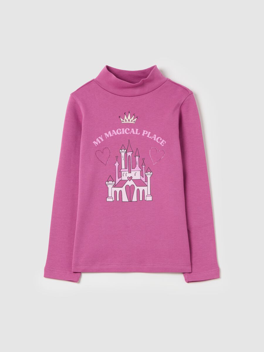 T-shirt with mock neck with print and diamantés_0