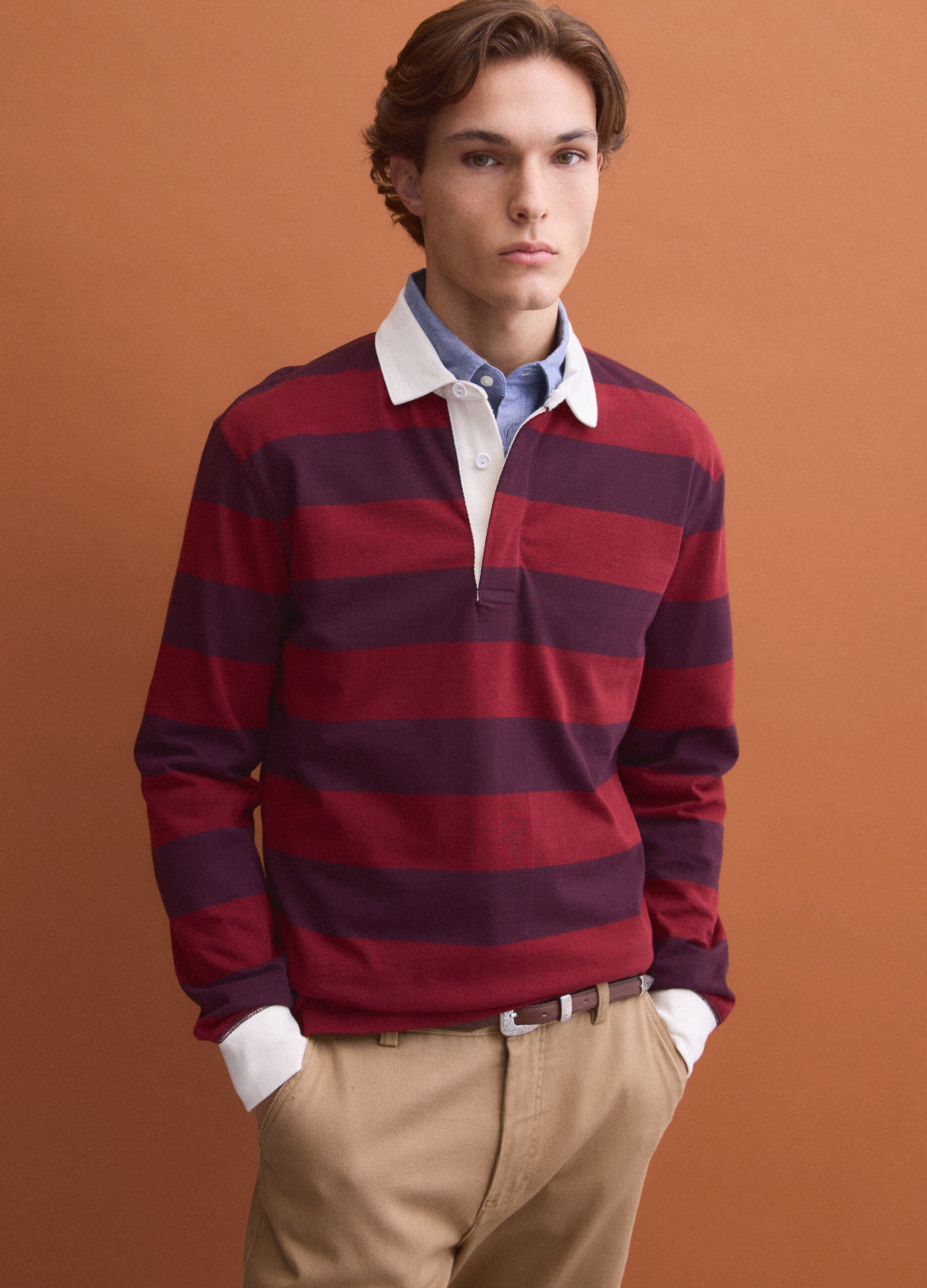 Red pure cotton striped long-sleeve rugby polo, regular fit