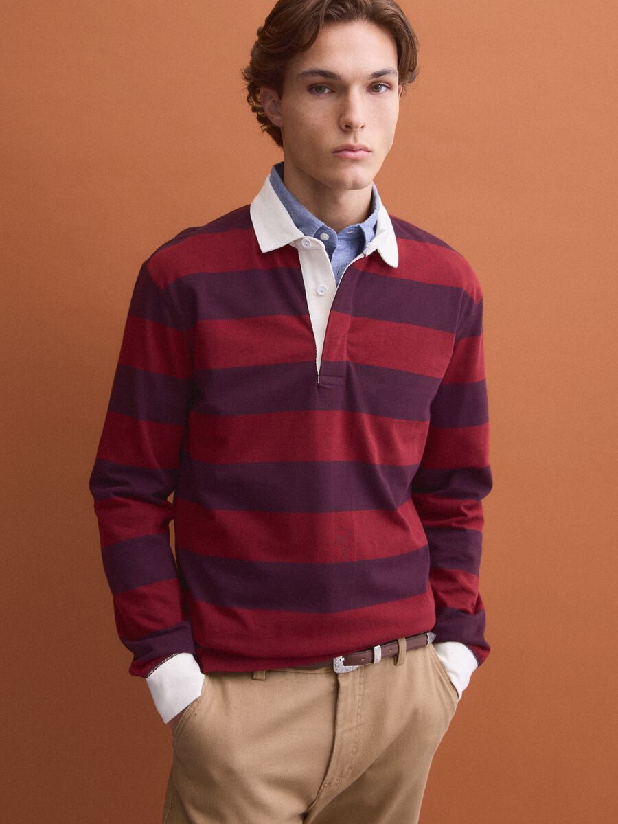 Polo rugby rossa in puro cotone a righe maniche lunghe regular fit_0