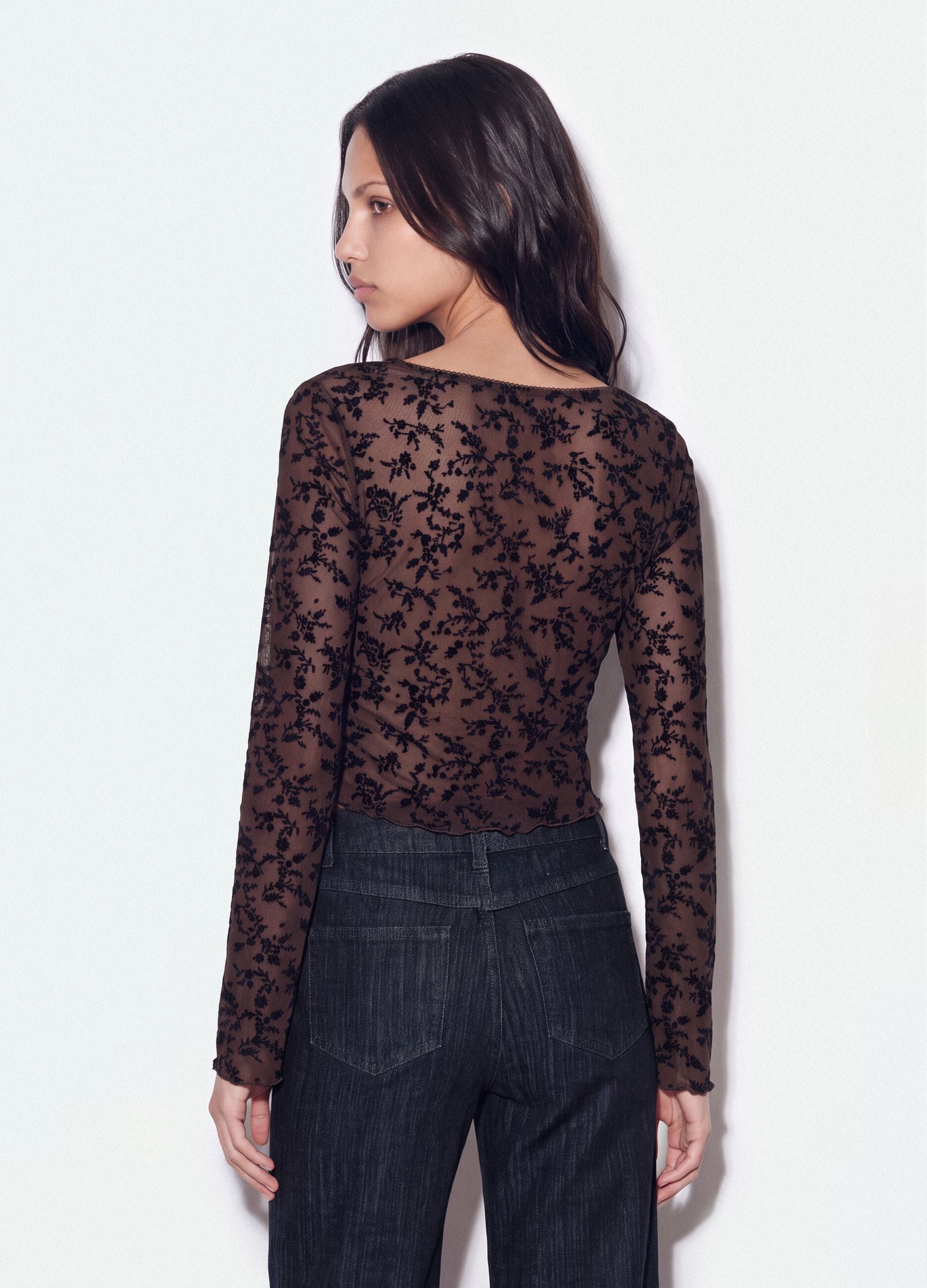 Brown stretch T-shirt with flocked floral print
