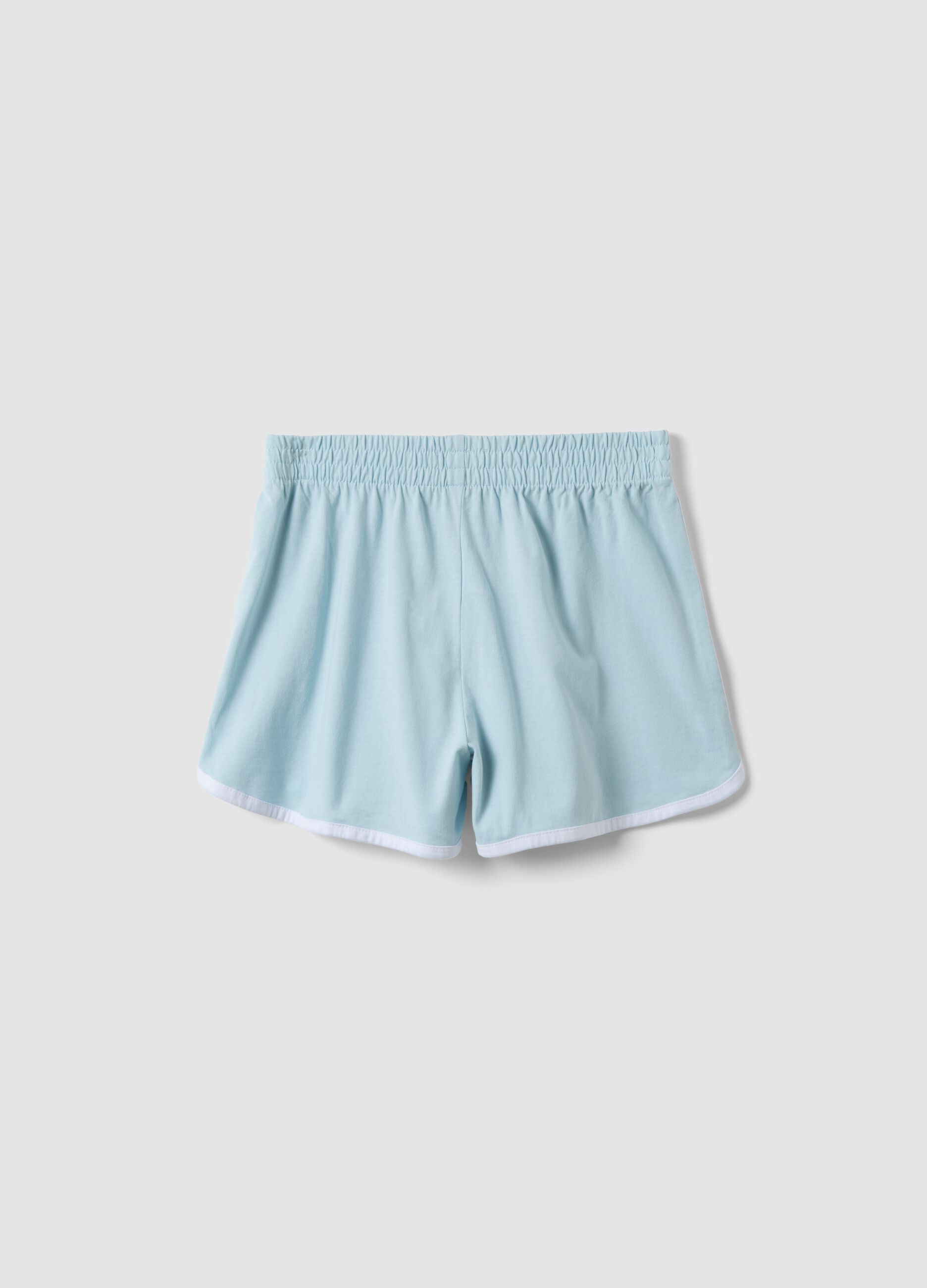 Shorts azzurri in puro cotone da ragazza slim fit con profili bianchi