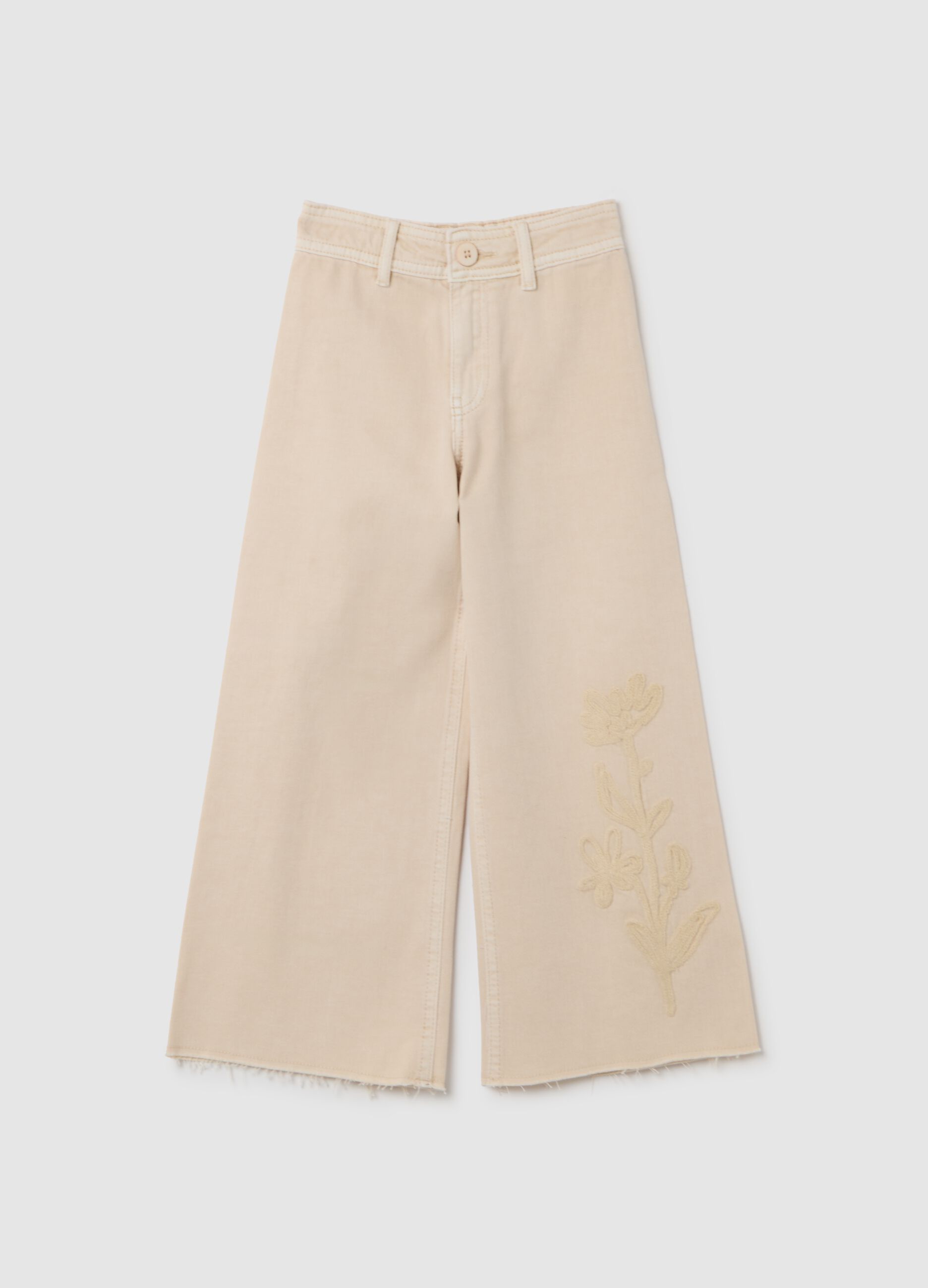 Girls' wide-leg beige cotton trousers