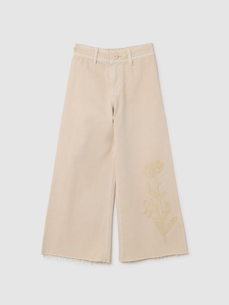 Girls' wide-leg beige cotton trousers_0