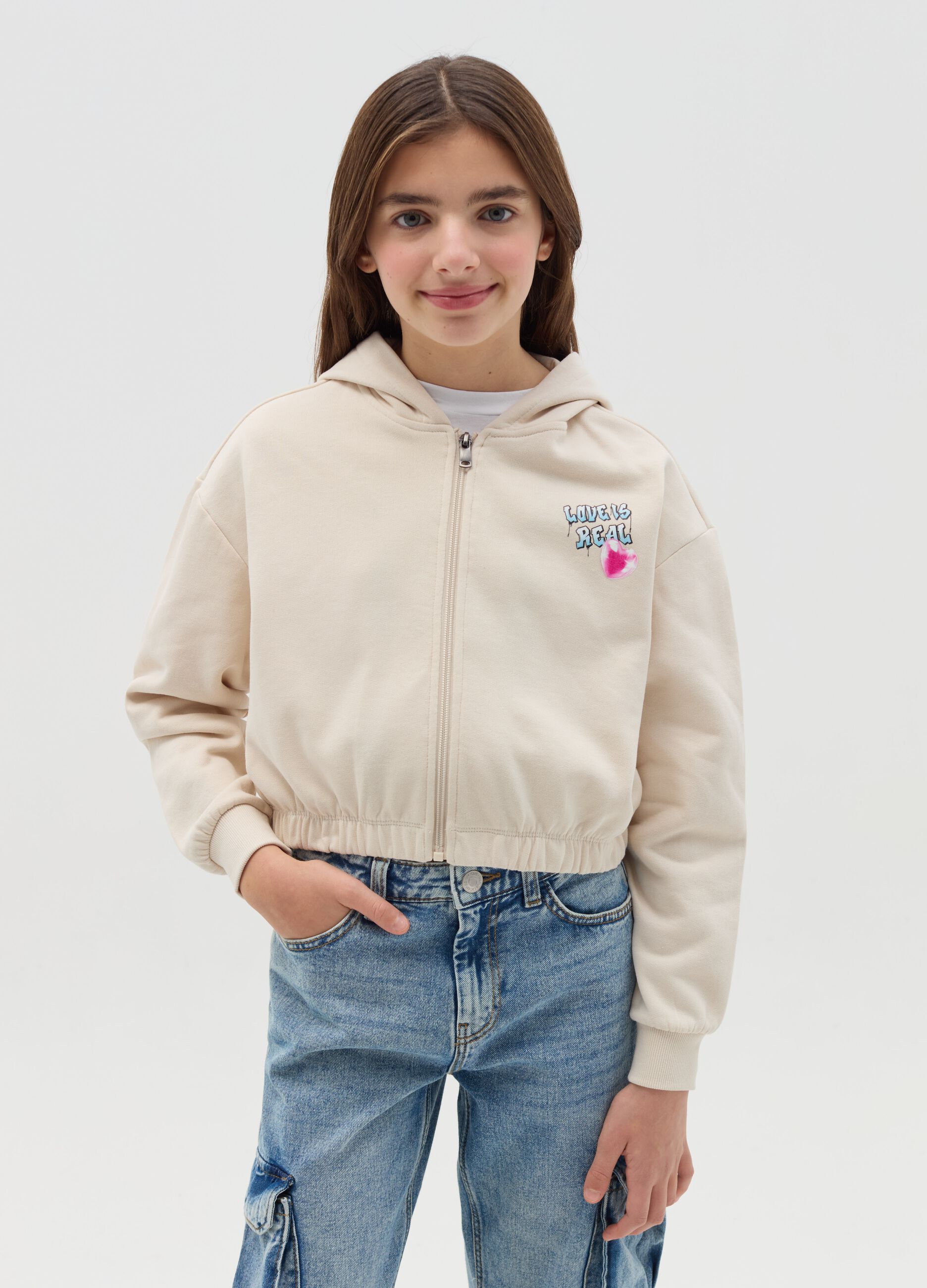 Cropped full-zip sweatshirt with hood and print