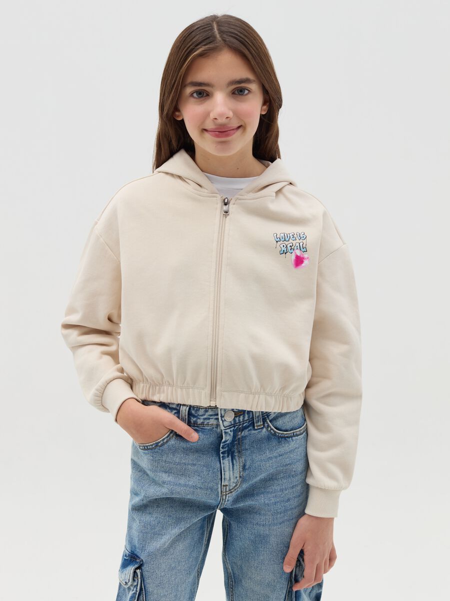Cropped full-zip sweatshirt with hood and print_0