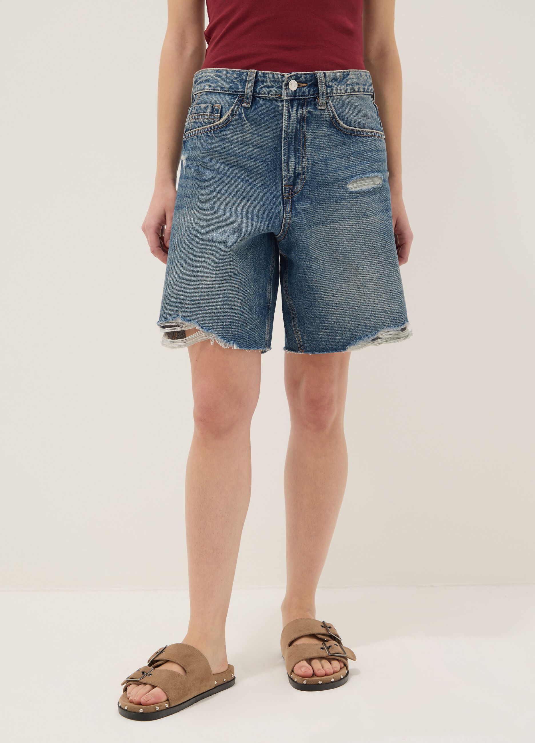 Pure Cotton Blue Denim Shorts with Straight Fit